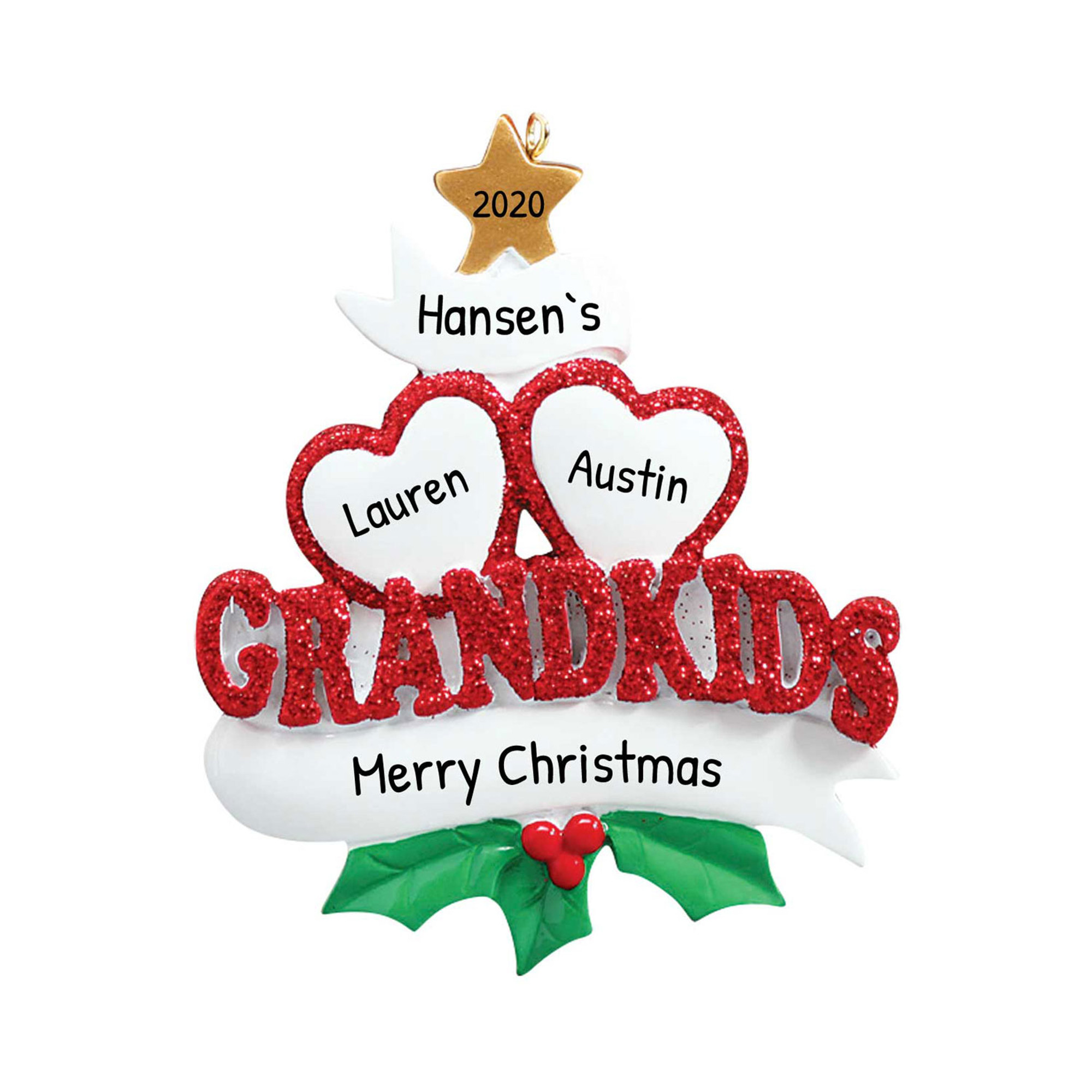 Personalized Two Grandkids Hearts Christmas Tree Ornament