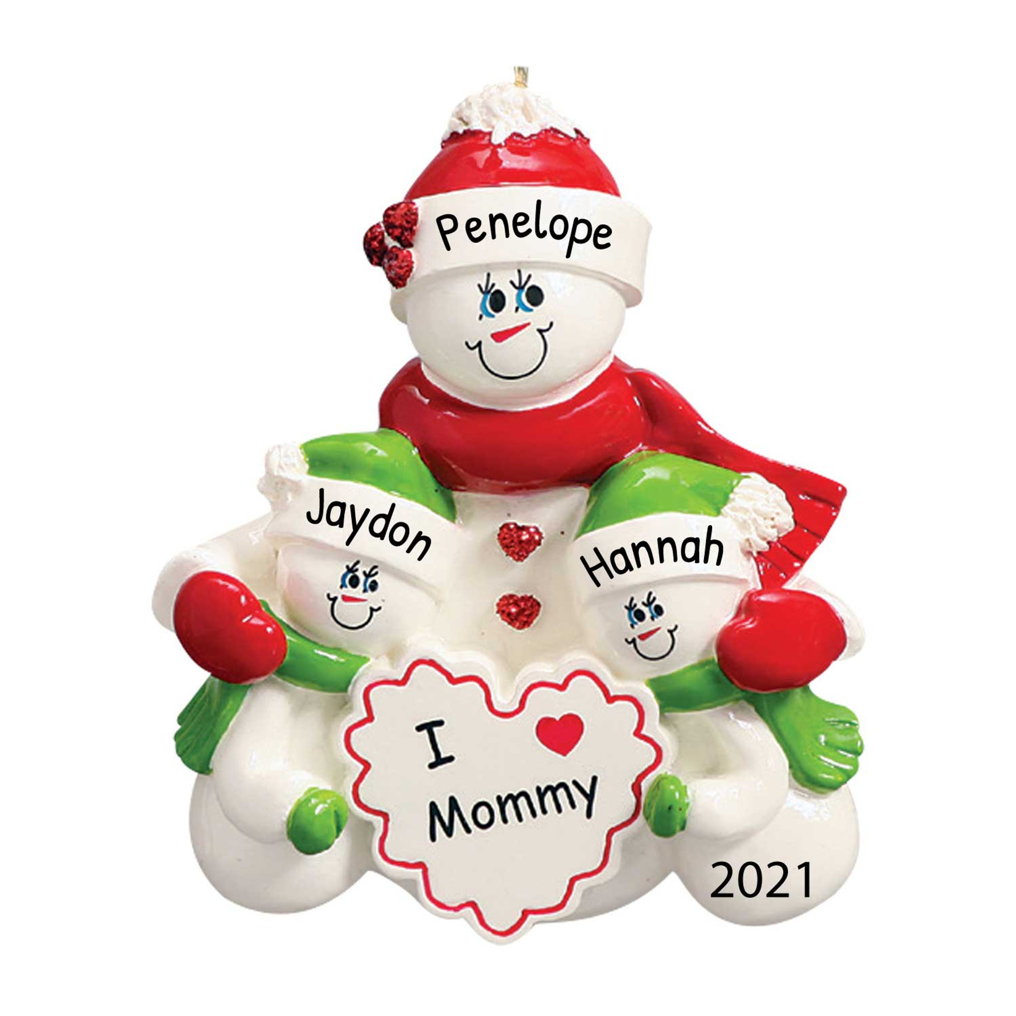 Personalized Snowman Mom and 2 Kids Single Parent Ornament