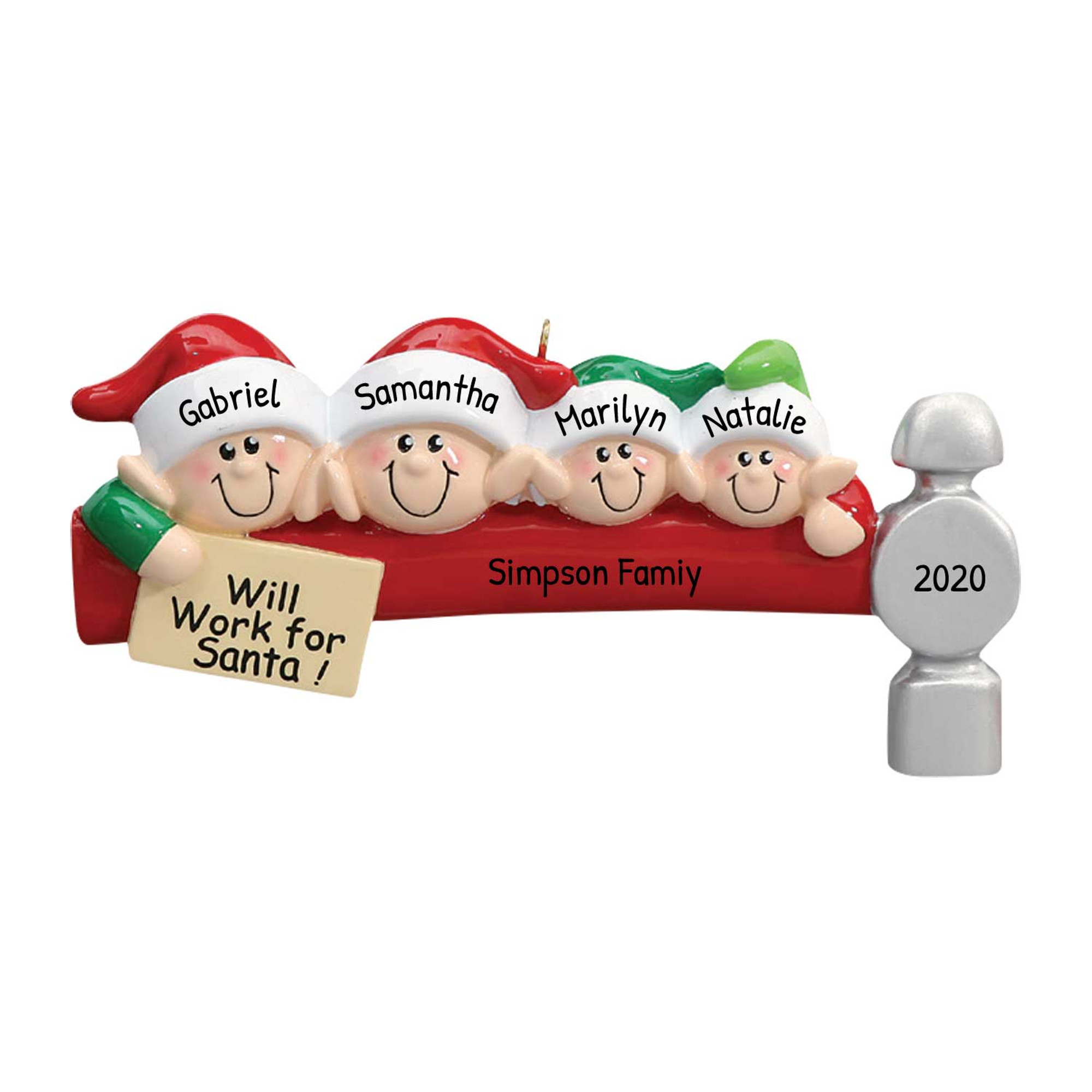 Personalized Family of 4 Will Work for Santa Ornament