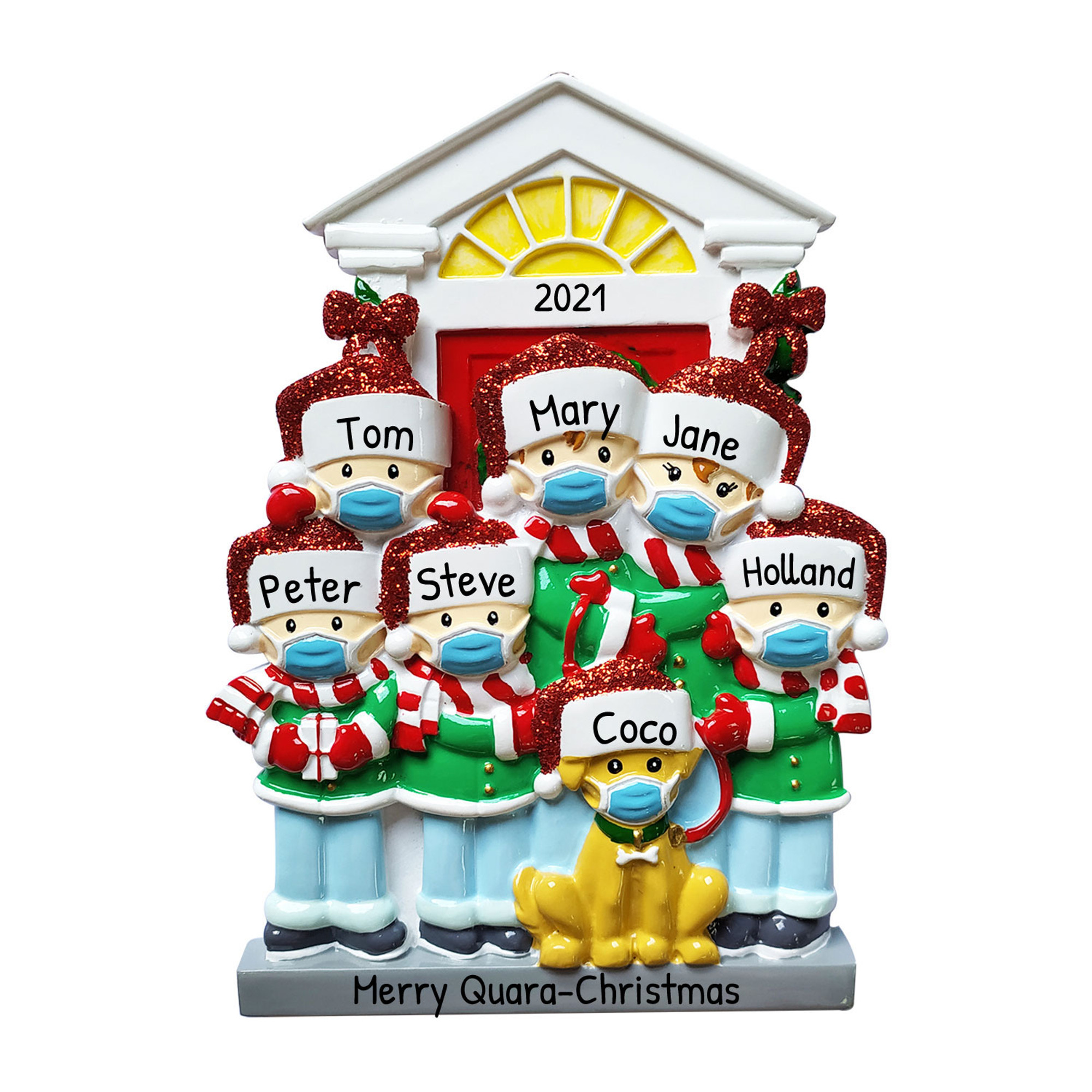 Personalized Family of 6 Wearing Mask with Dog Ornament