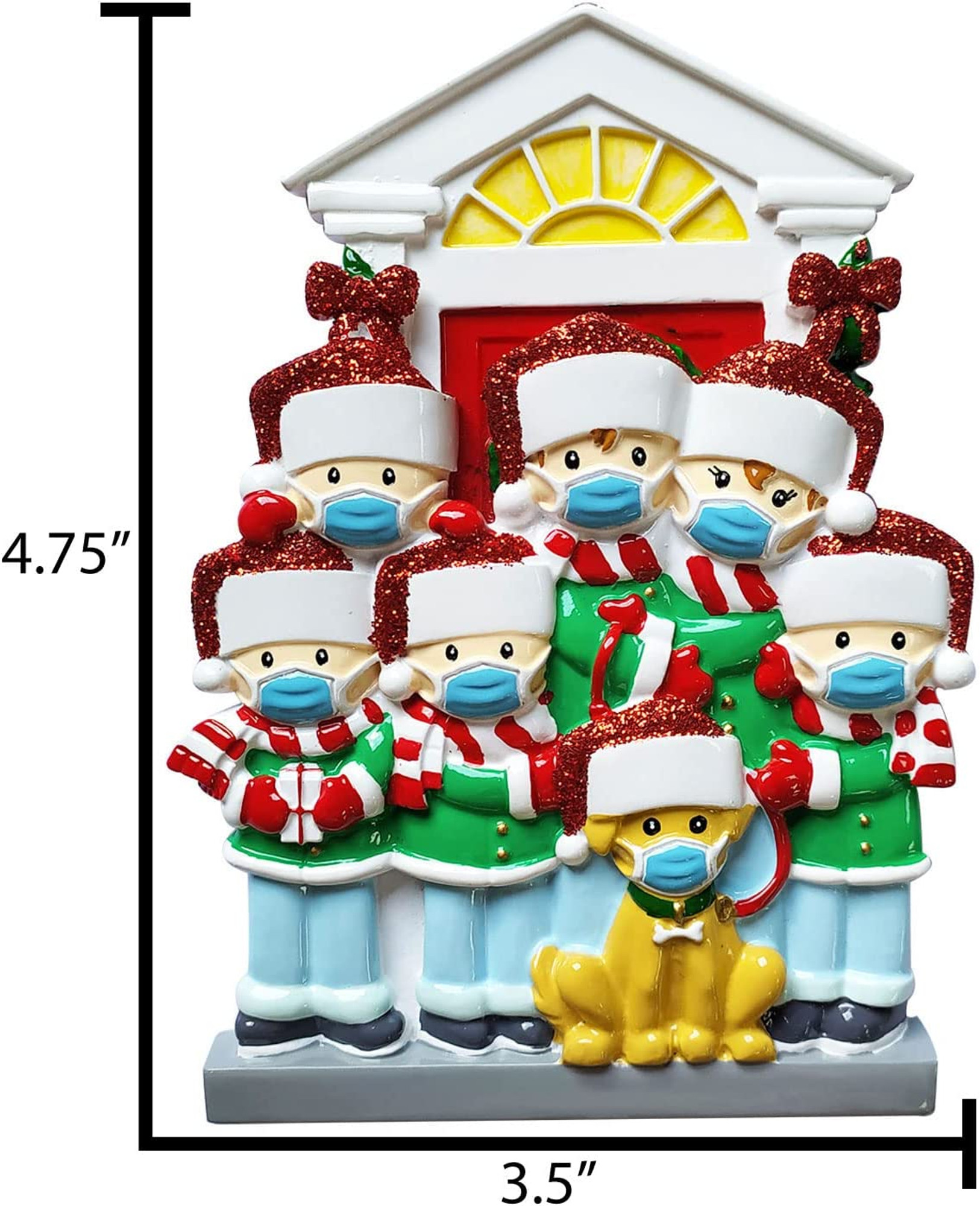 Personalized Family of 6 Wearing Mask with Dog Ornament