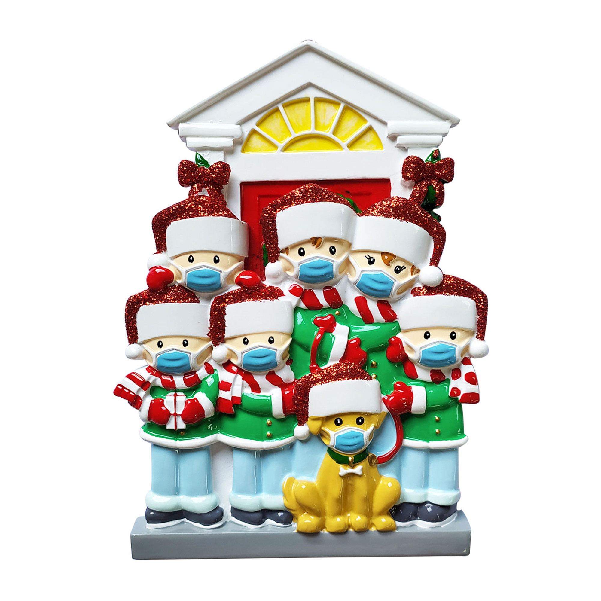Personalized Family of 6 Wearing Mask with Dog Ornament