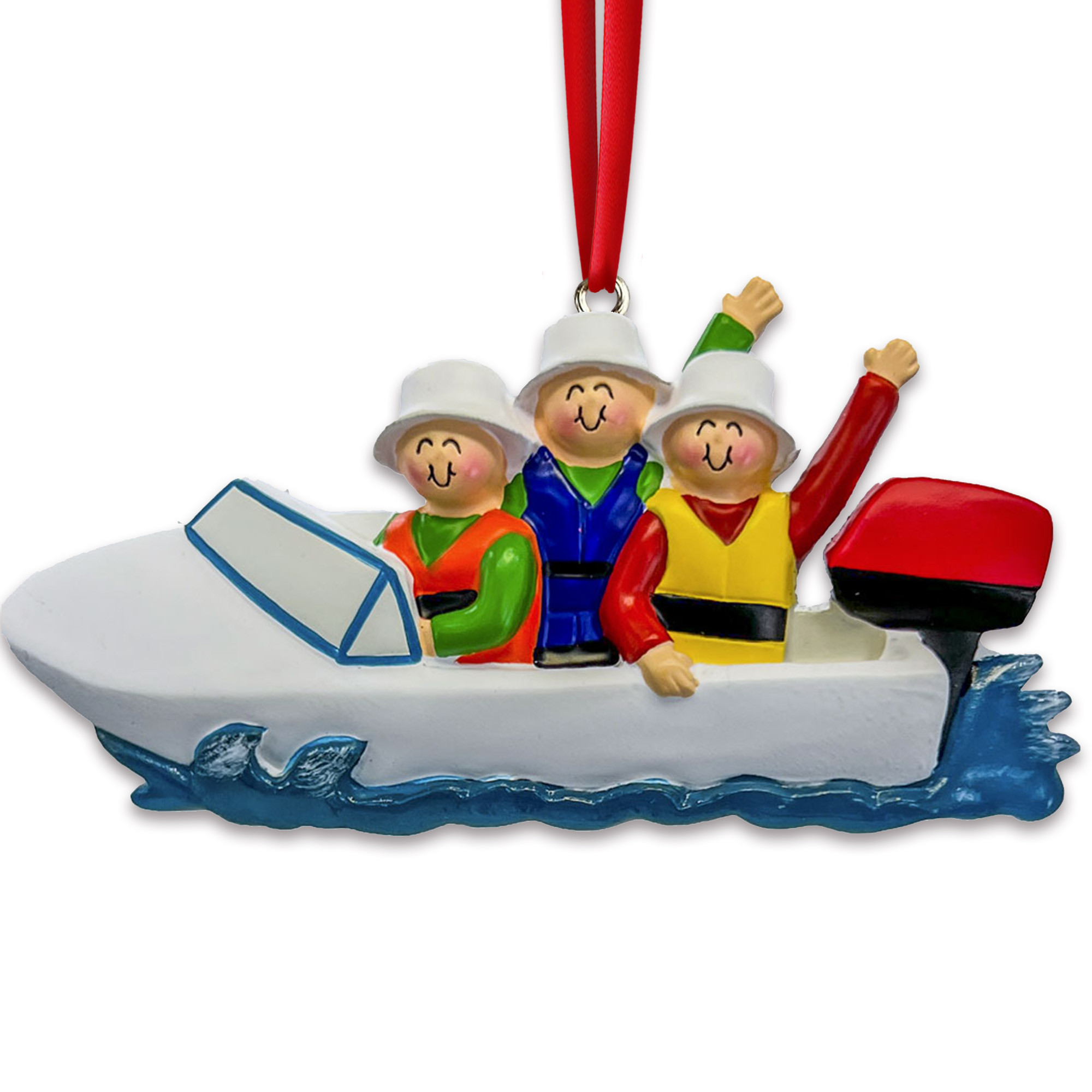 Personalized Family of 3 Speedboat Vacation Beach Ornament