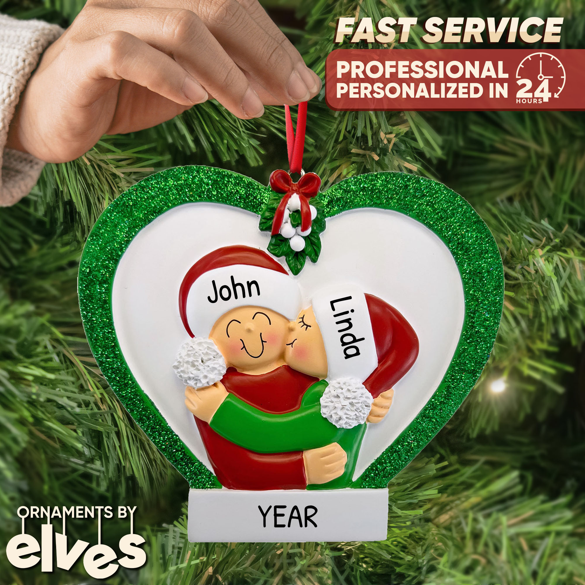 Personalized Couple Kissing Christmas Wreath Heart Ornament
