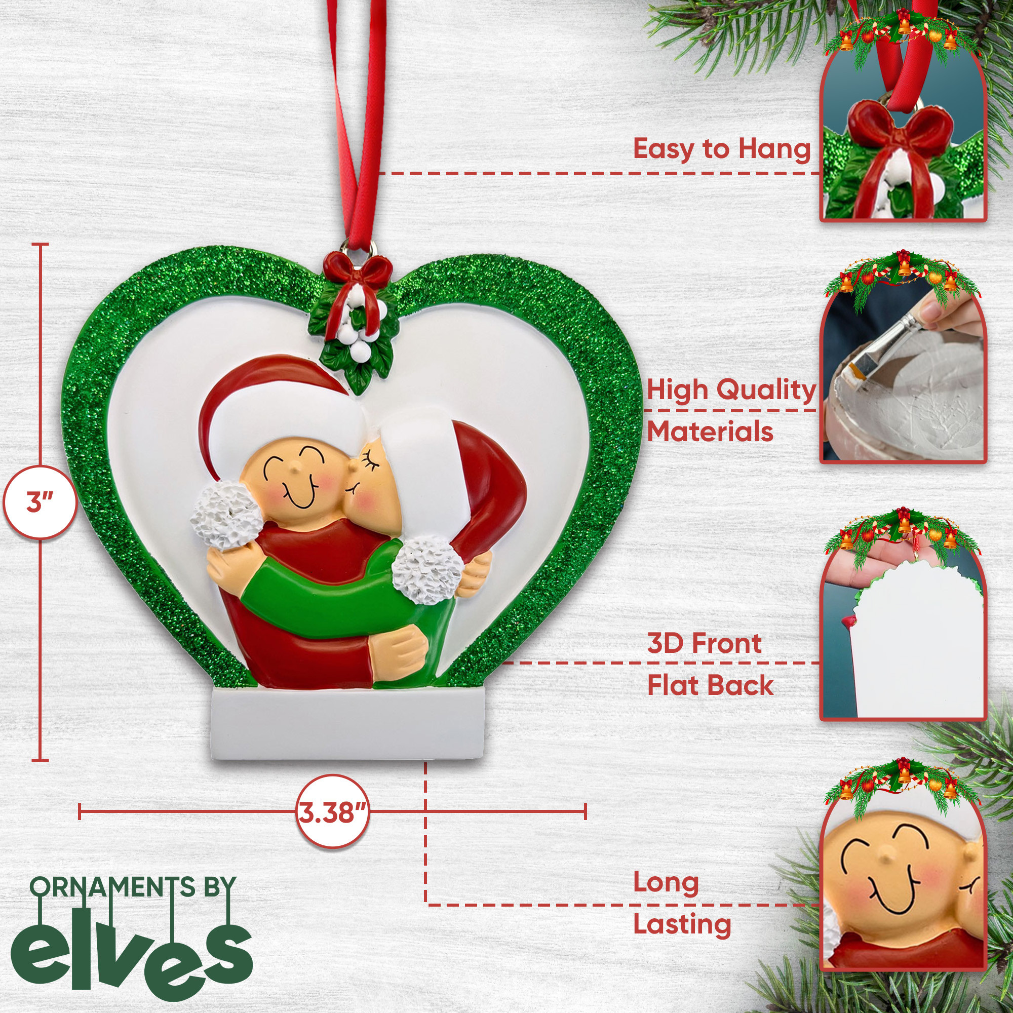 Personalized Couple Kissing Christmas Wreath Heart Ornament
