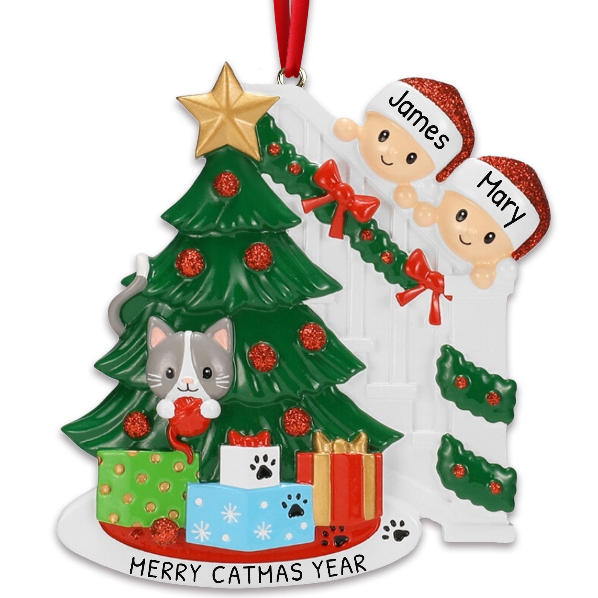 Personalized Couple and Pet Cat Christmas Tree Ornament