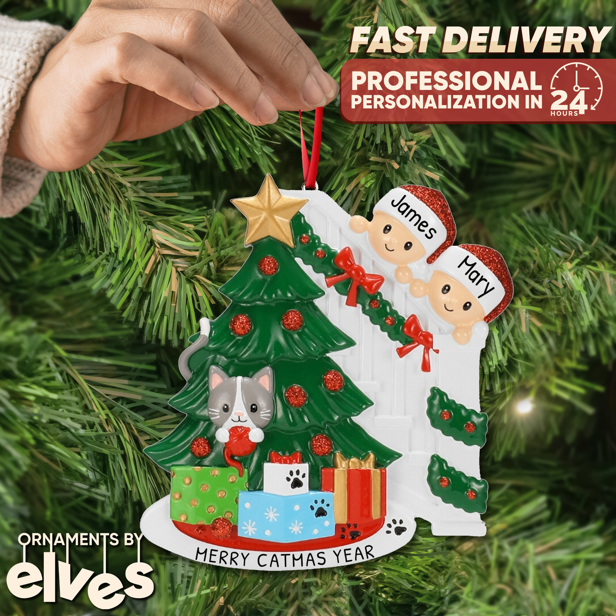 Personalized Couple and Pet Cat Christmas Tree Ornament