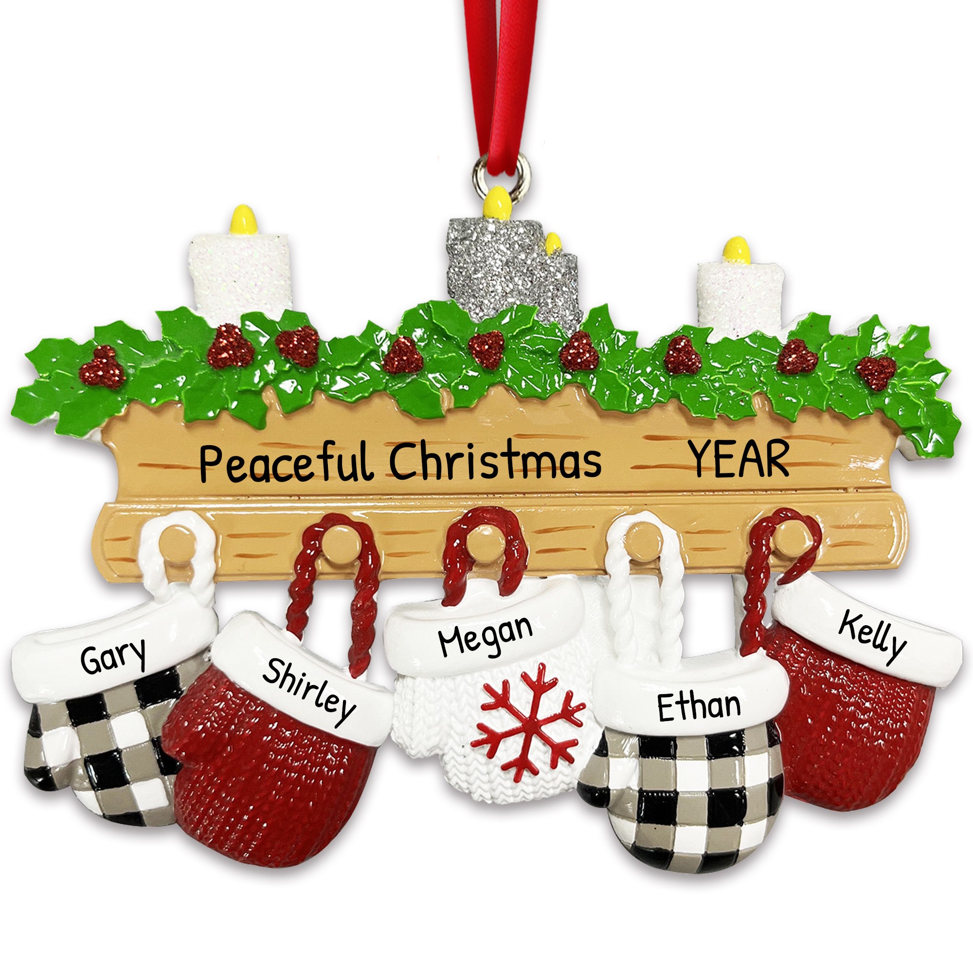 Personalized Hanging Mittens Family of 5 Christmas Ornament
