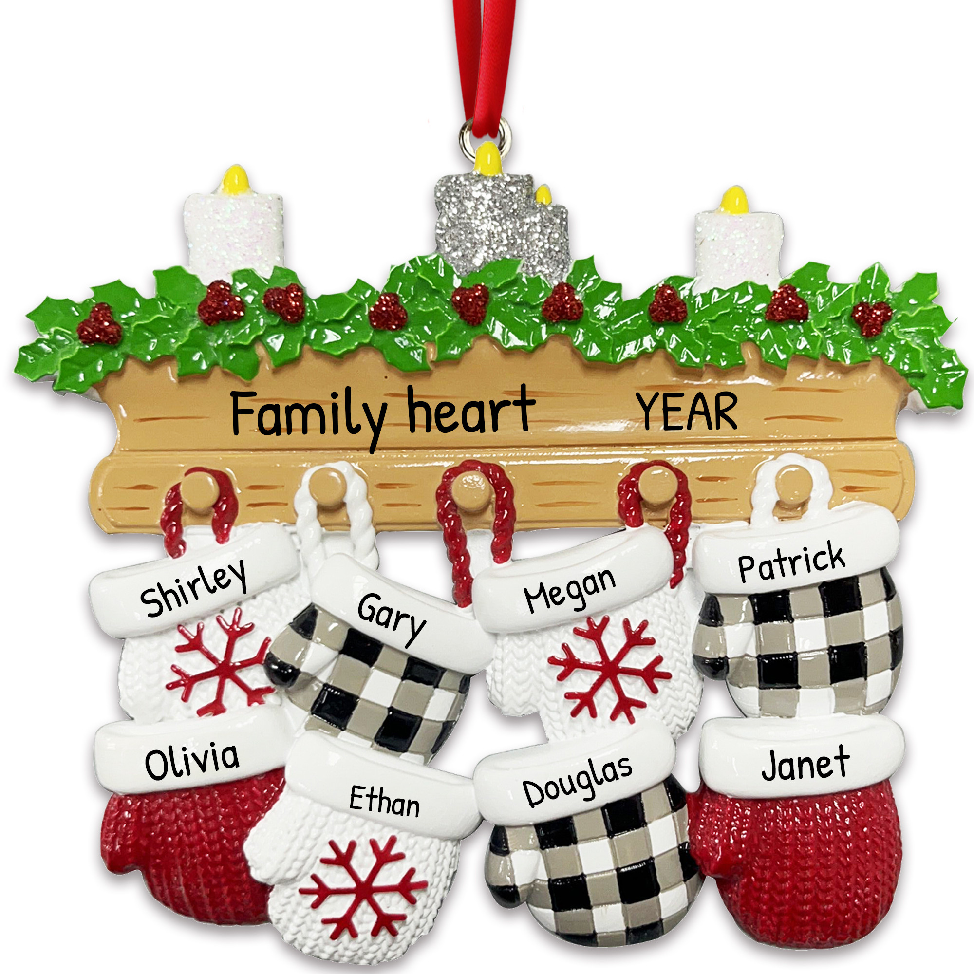 Personalized Hanging Mittens Family of 8 Christmas Ornament