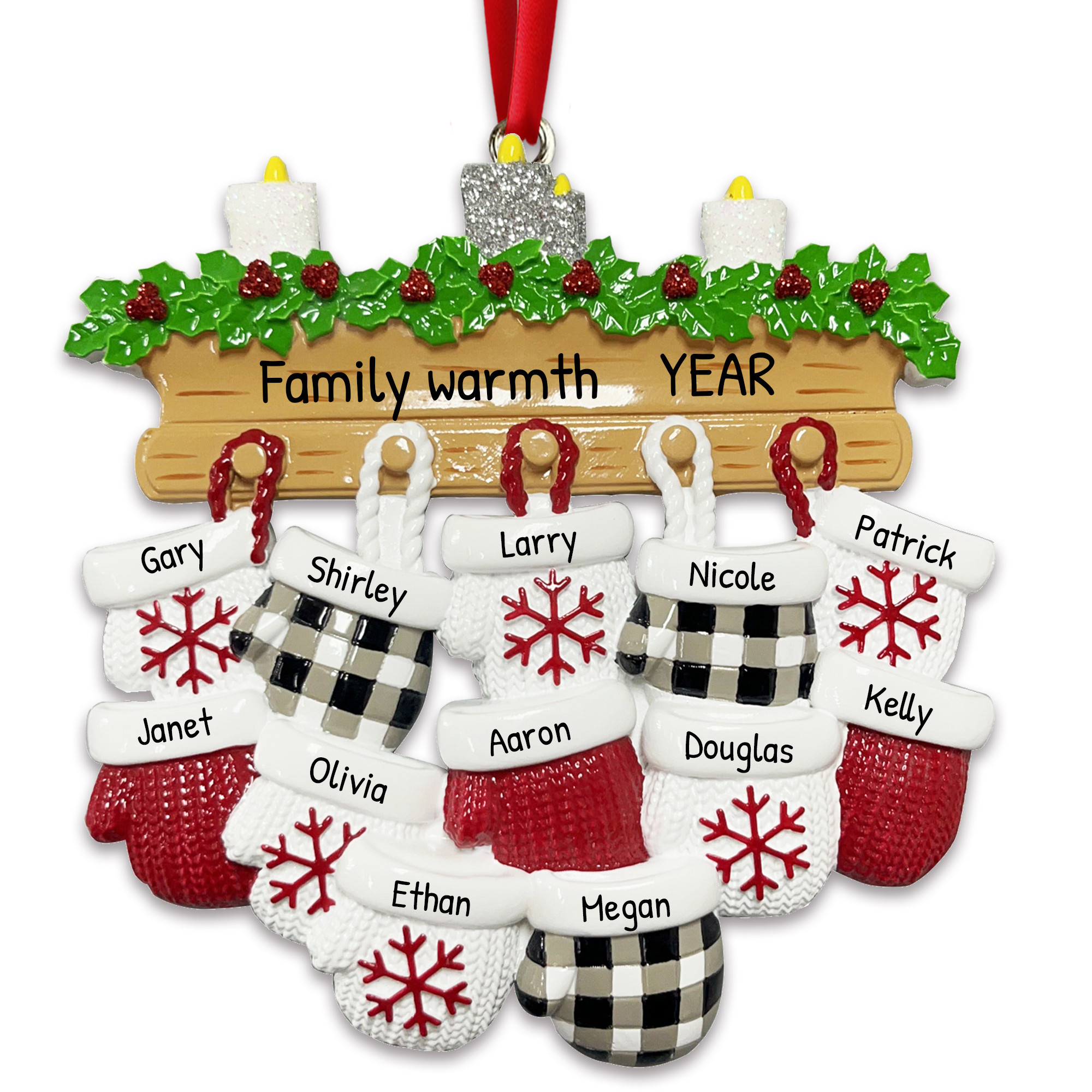 Personalized Hanging Mittens Family of 12 Christmas Ornament