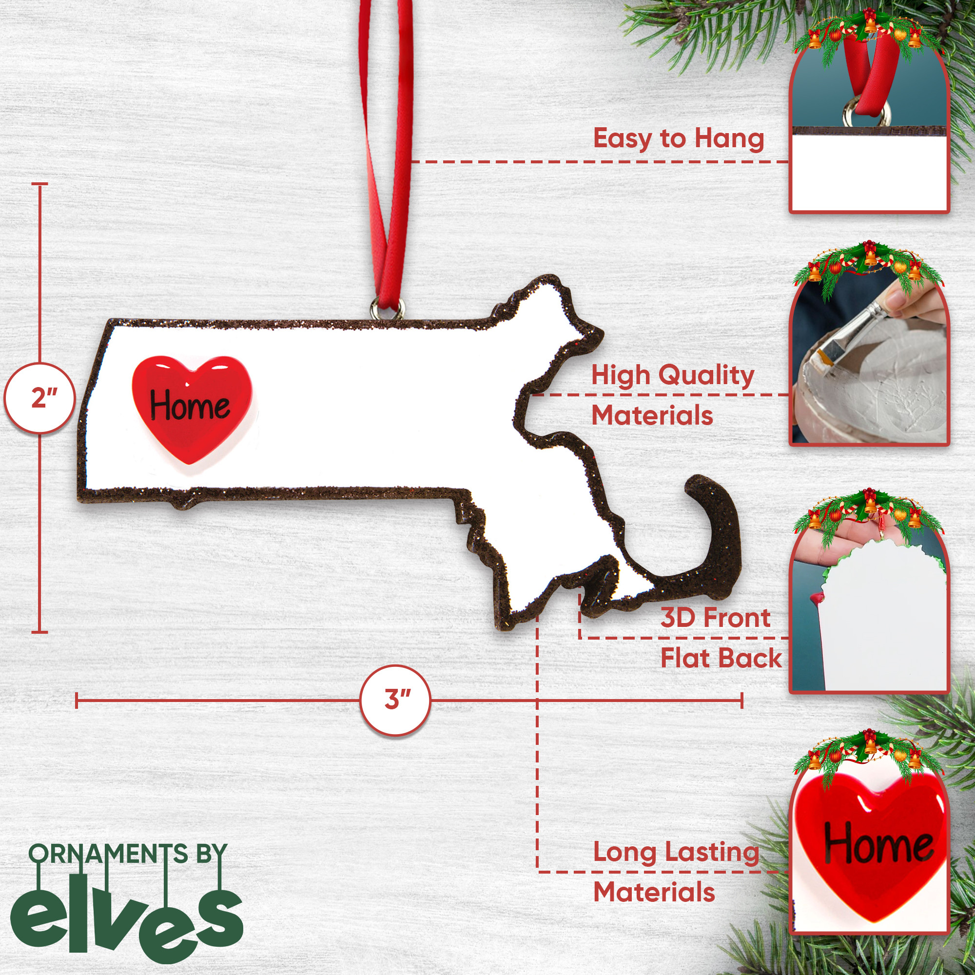 Personalized Massachusetts Map Souvenir Christmas Ornament