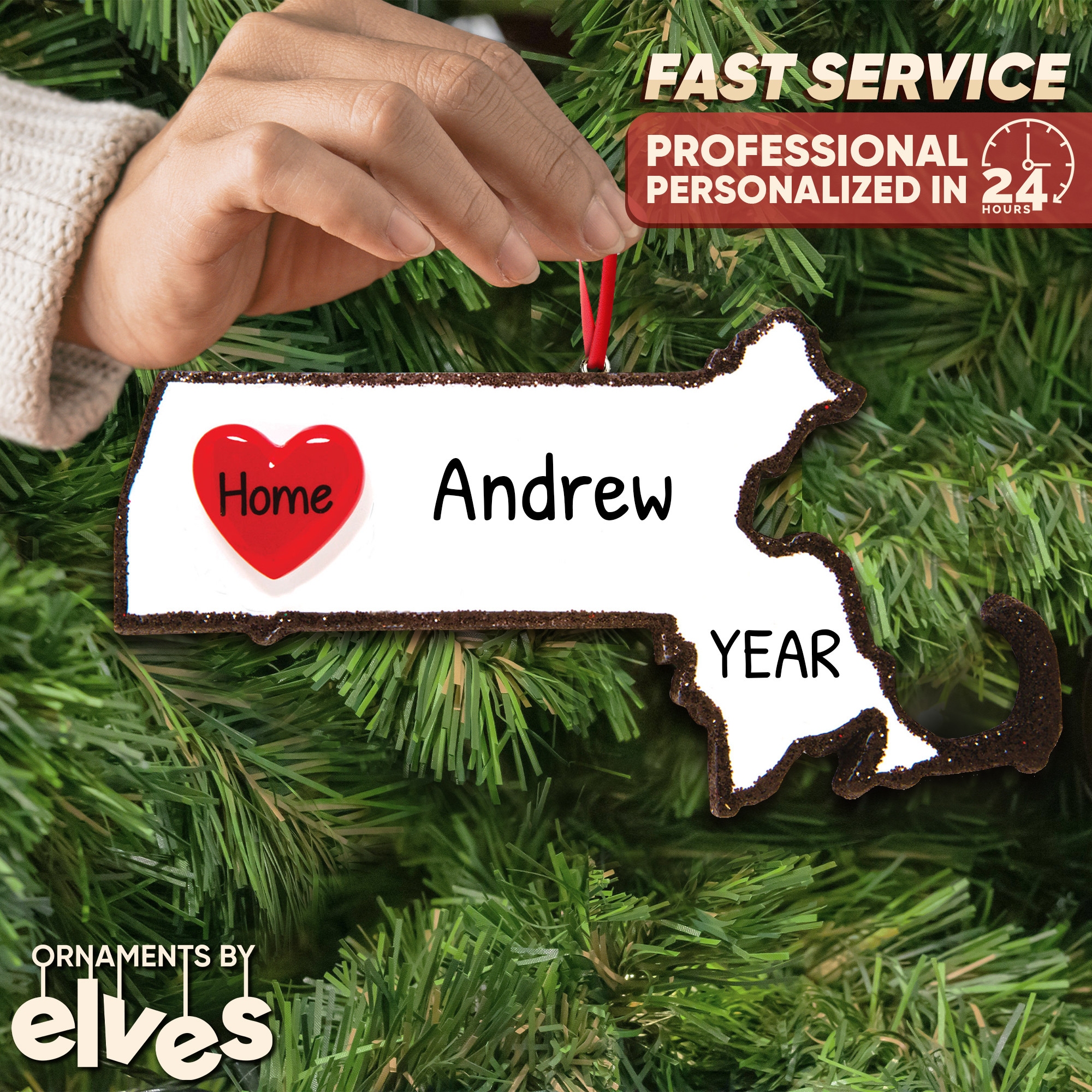 Personalized Massachusetts Map Souvenir Christmas Ornament