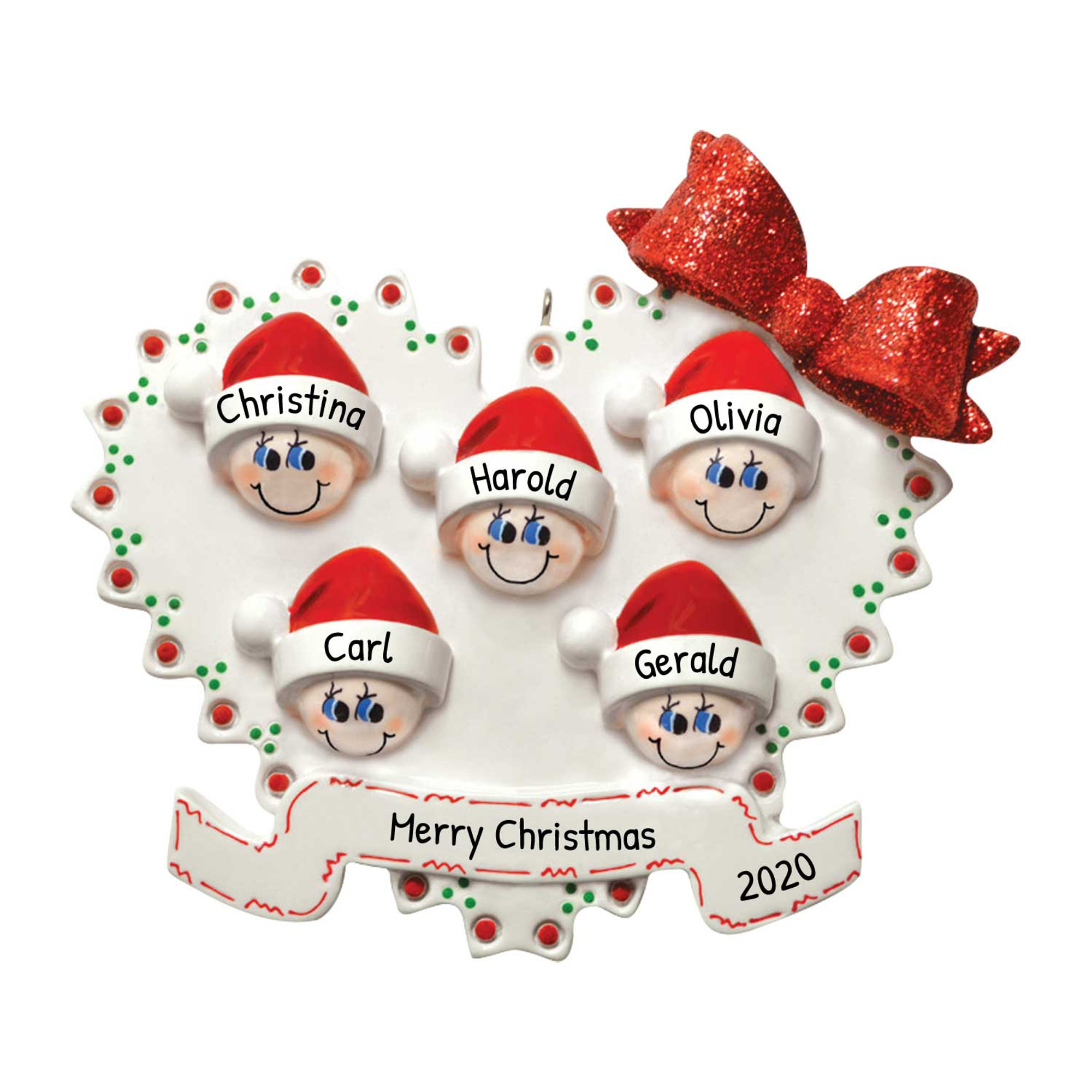 Personalized Christmas Heart Family of 5 Christmas Ornament