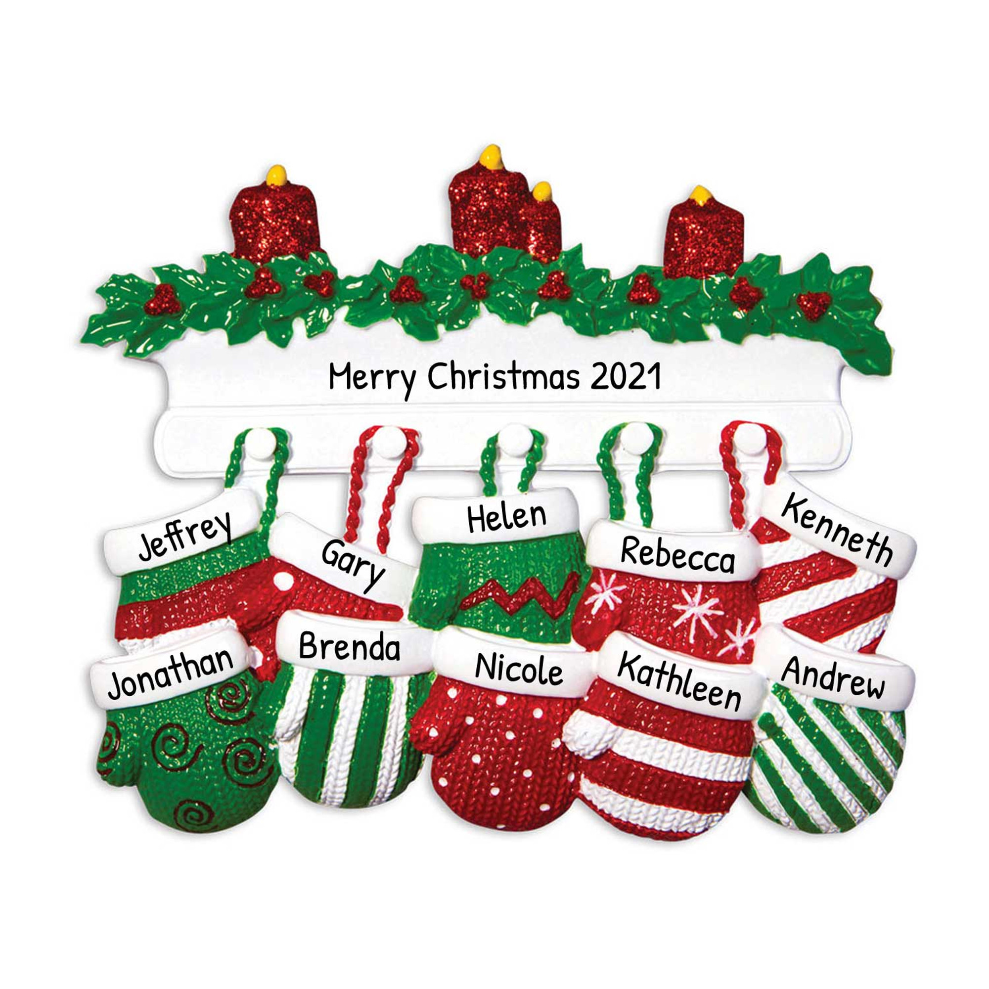 Personalized Family of 10 Hanging Mittens Christmas Ornament