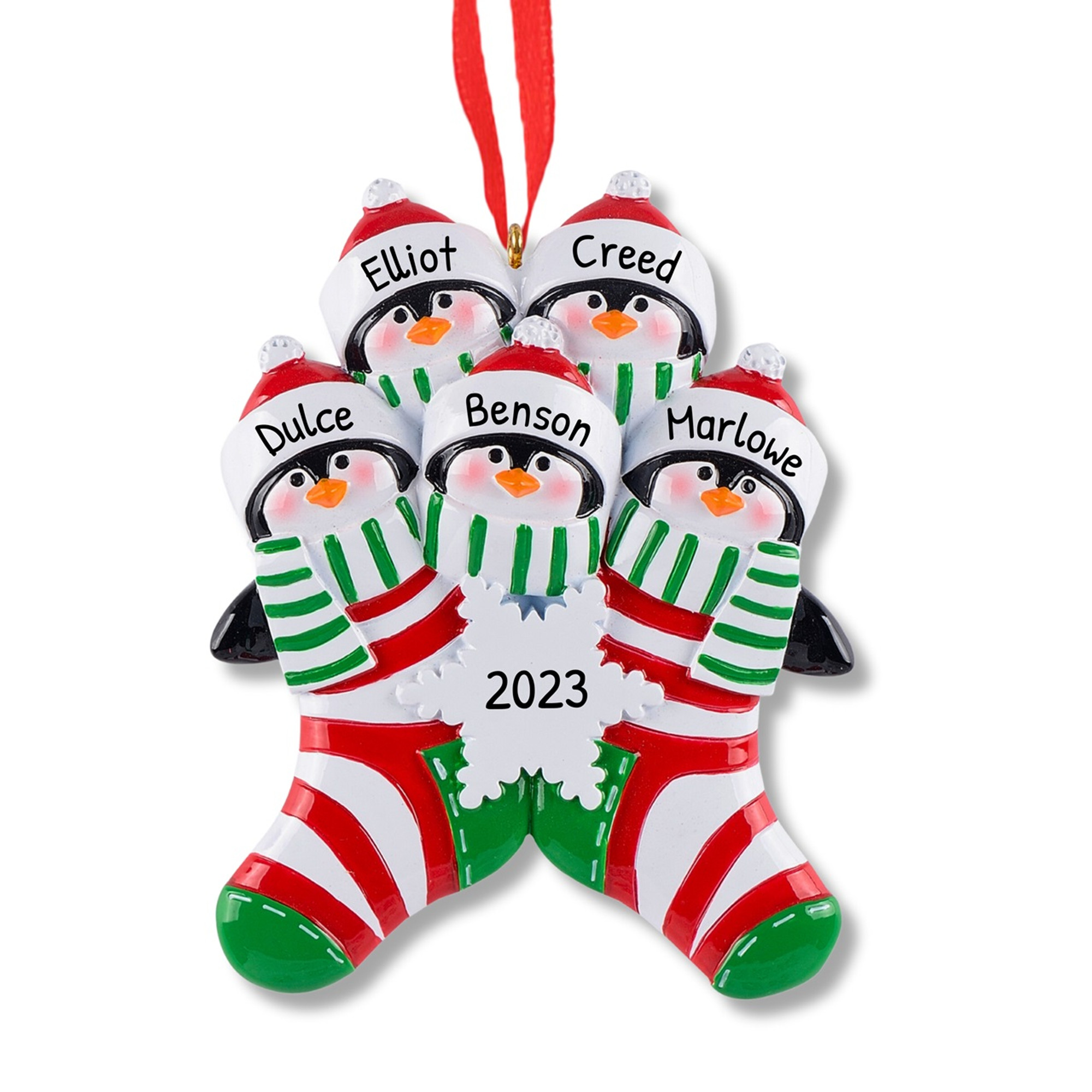 Personalized Penguin Family of 5 Christmas Stocking Ornament