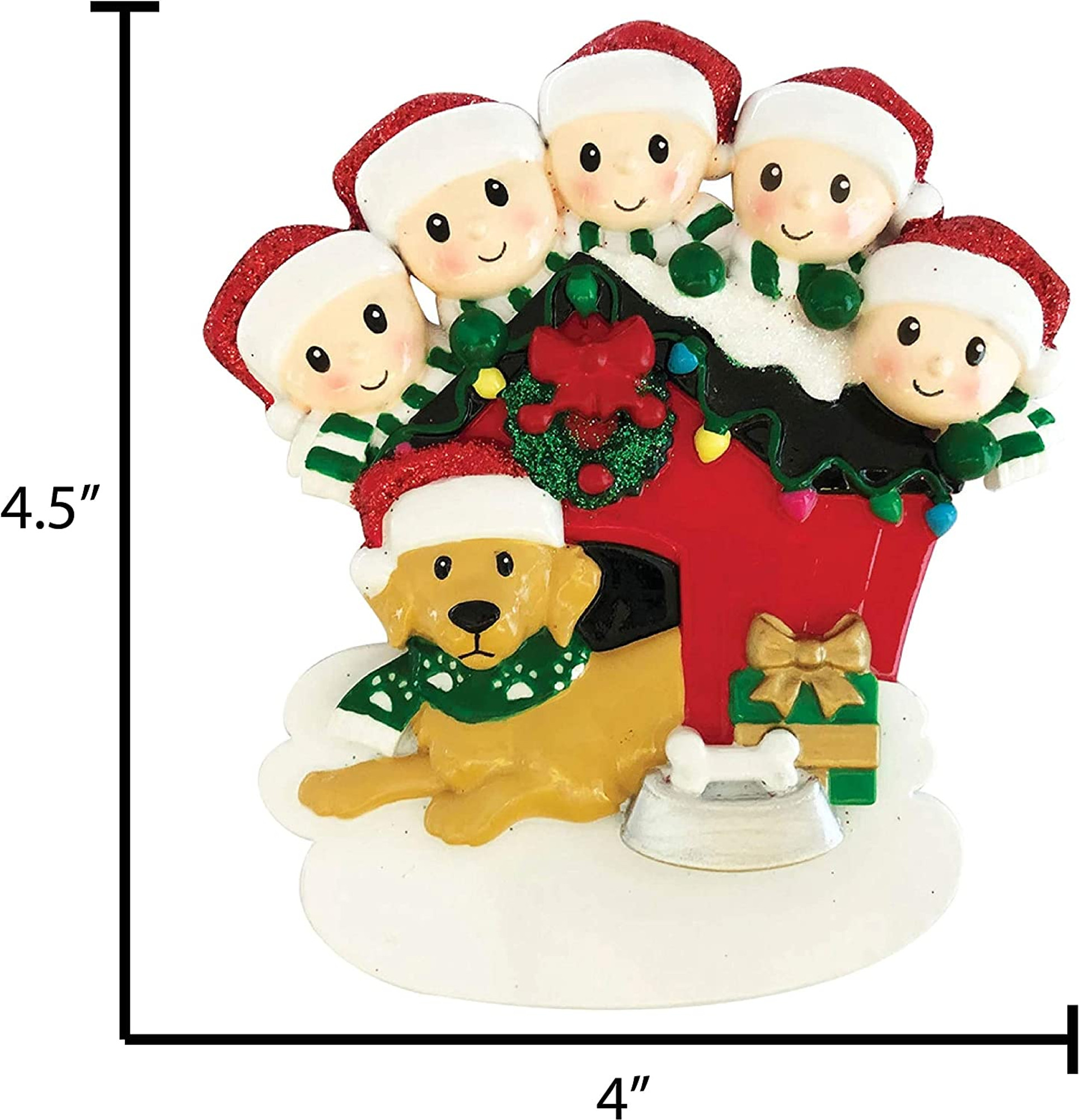 Personalized Family of 5 and Brown Dog in Dog House Ornament