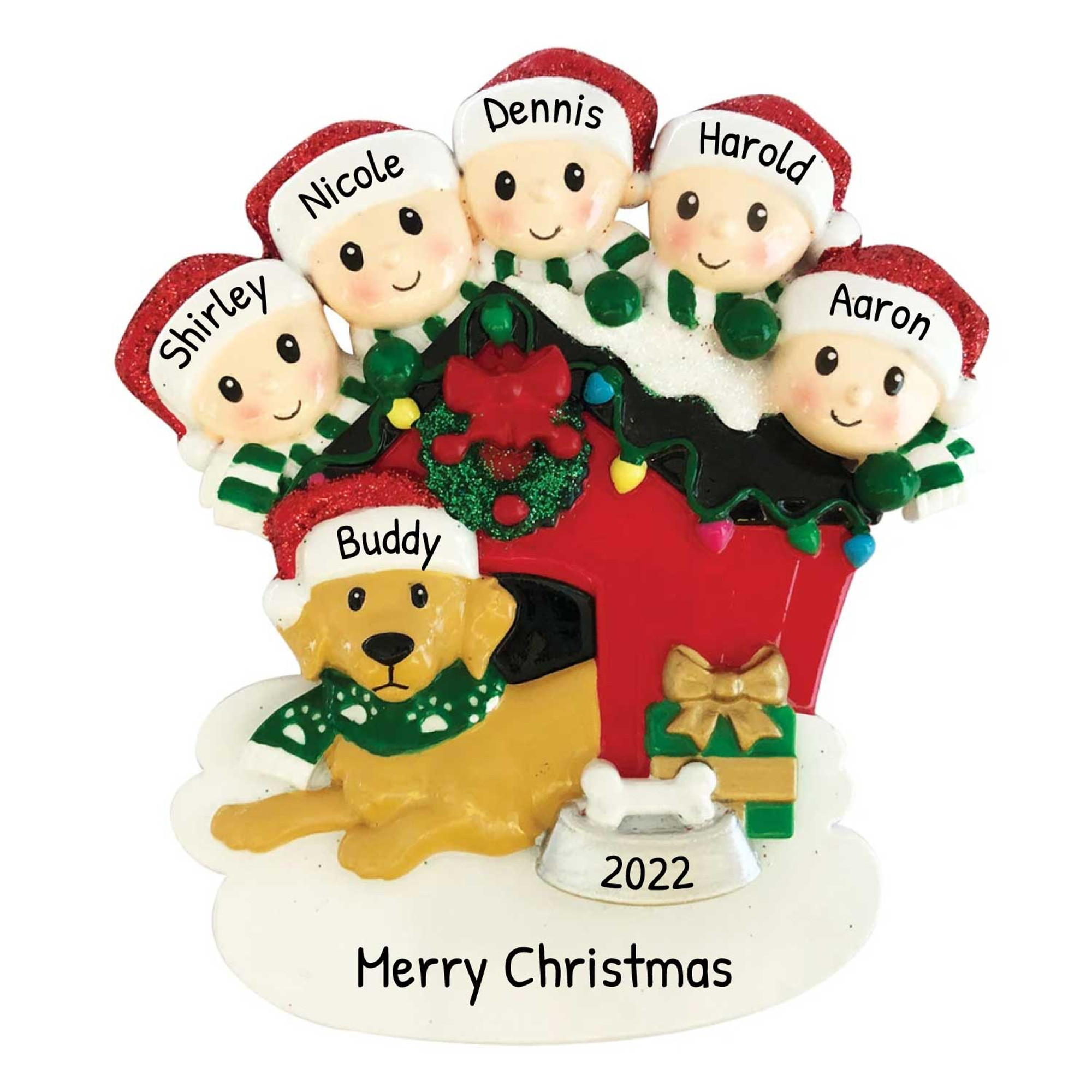 Personalized Family of 5 and Brown Dog in Dog House Ornament