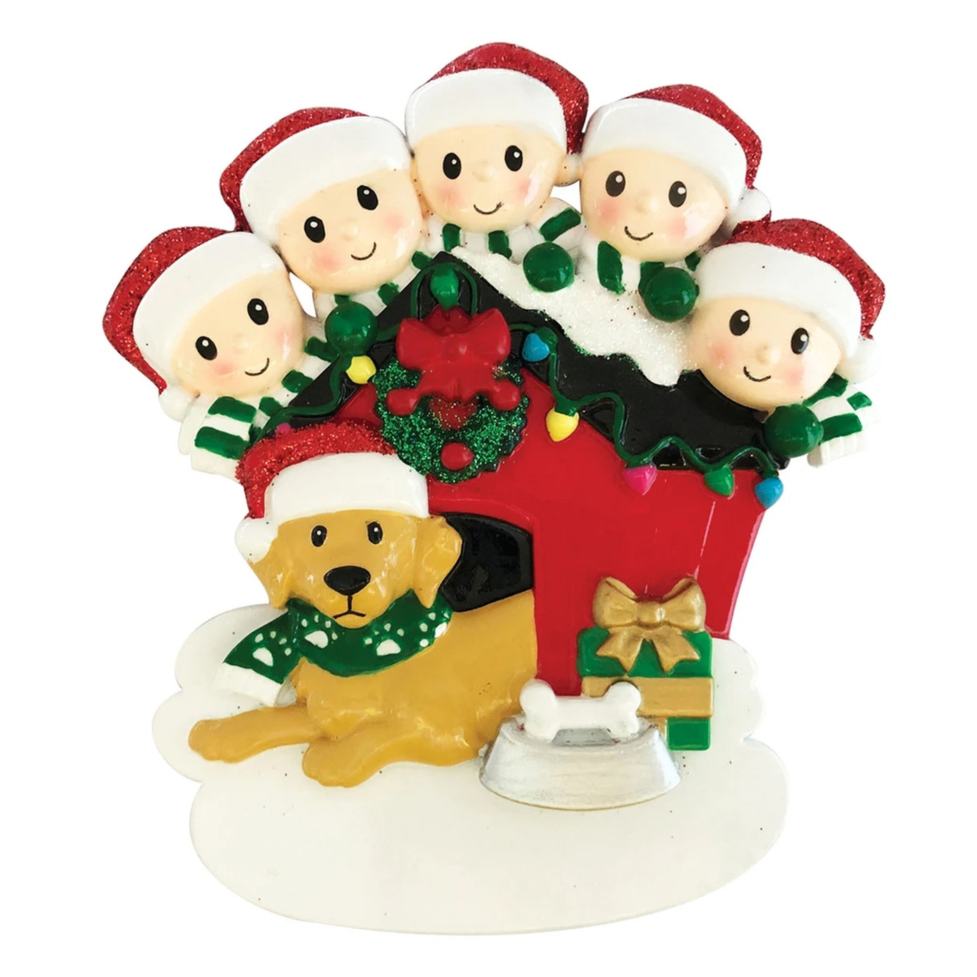 Personalized Family of 5 and Brown Dog in Dog House Ornament