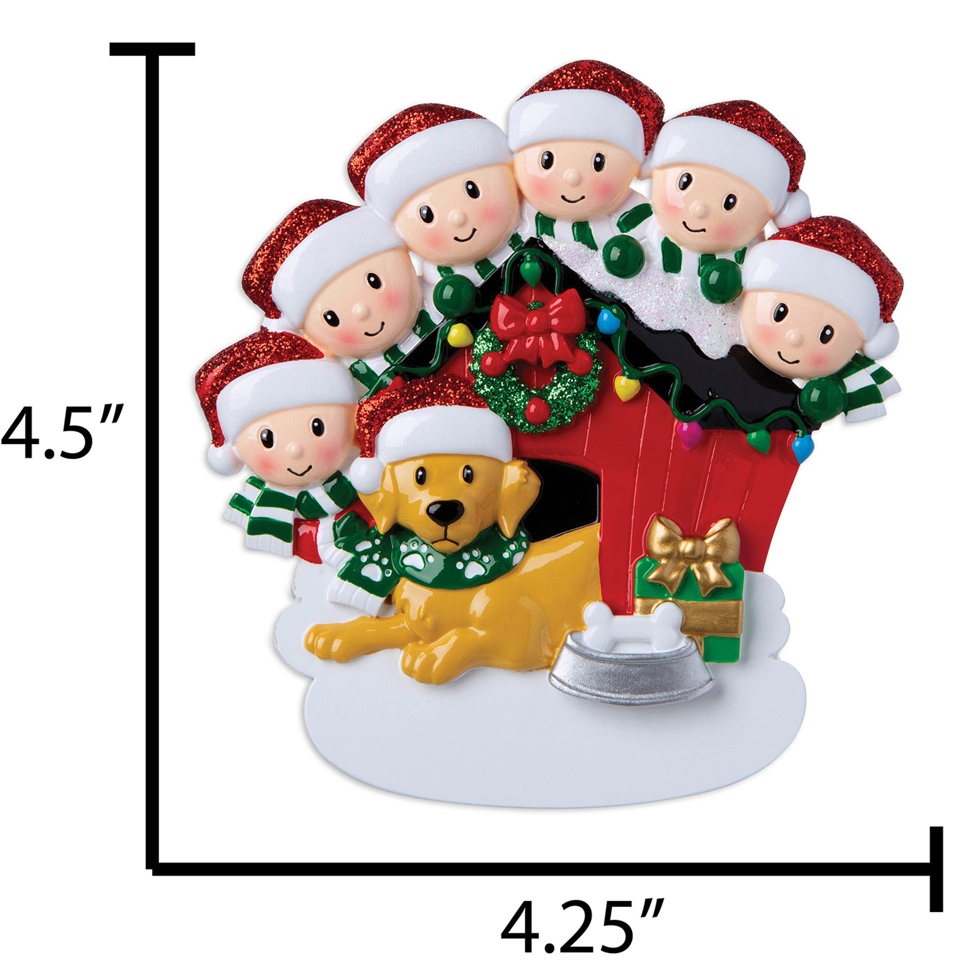 Personalized Family of 6 and Brown Dog in Dog House Ornament
