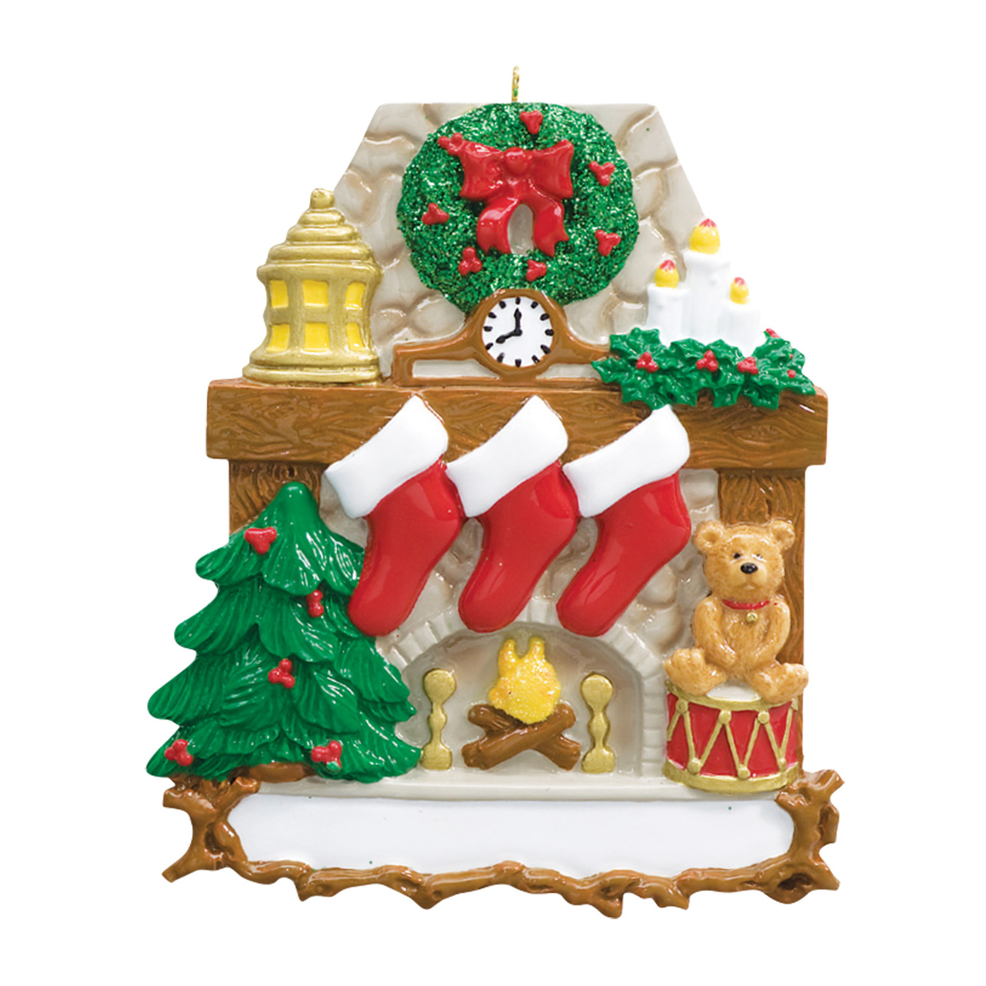 Personalized Fireplace Red Stocking Family of 3 Ornament