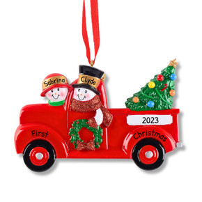 Personalized Snowman Couple in Red Pickup Truck Ornament