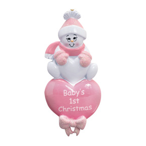 Personalized Pink Baby Snowman Heart 1st Christmas Ornament