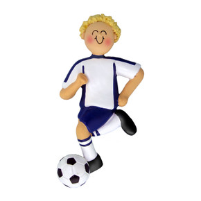 Personalized Soccer Player Ornament Male Blonde in Blue Personalized Soccer Player Ornament Male Blonde in Blue