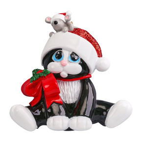 Personalized Black Kitty with Mouse Christmas Ornament