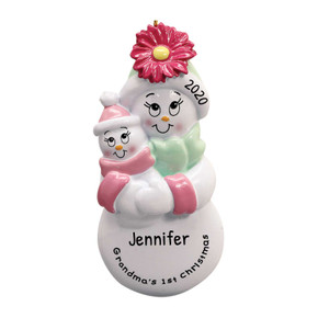 Personalized Pink Grandmother Snowman and Grandkid Ornament