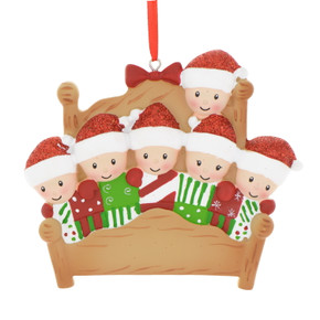 Personalized Family of 6 with Gifts on Bed Xmas Ornament
