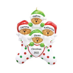 Personalized Bear Family of 4 in Christmas Stocking Ornament