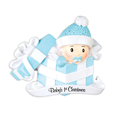 Personalized Baby Boy in Blue Christmas Gift Box Ornament