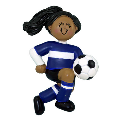 Personalized Blue African American Girl Soccer Ornament