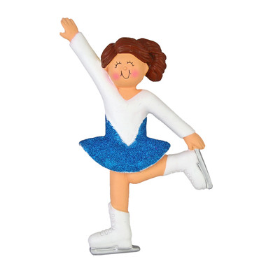Personalized Brunette Female Ice Skater in Blue Ornament