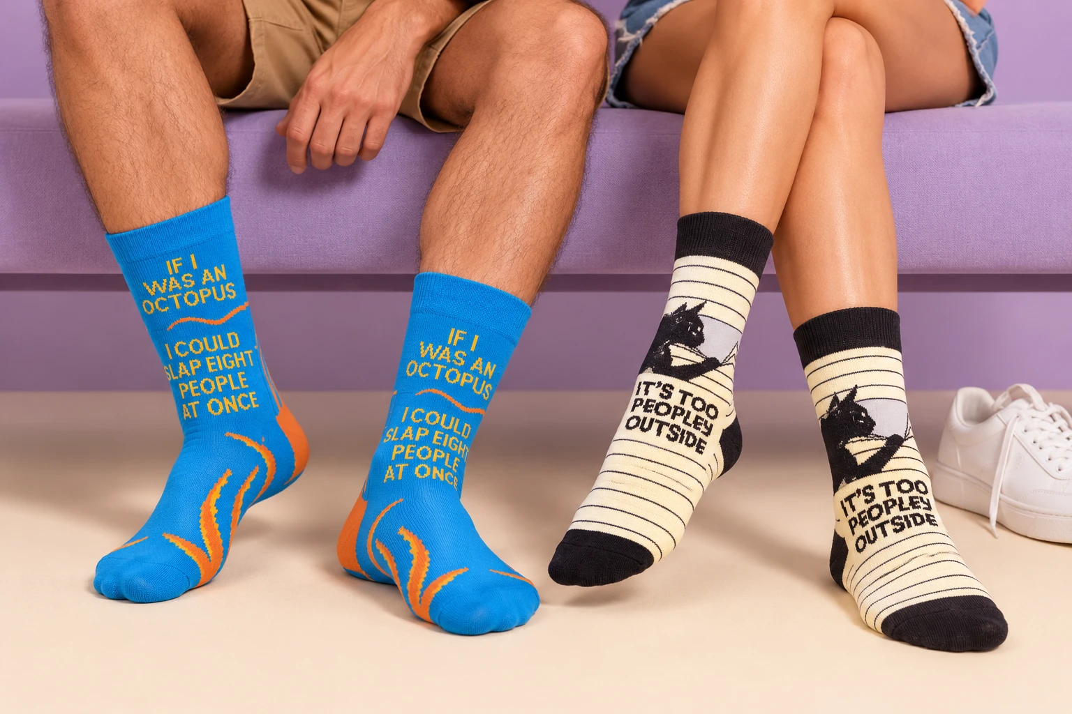Friends wearing blue octopus and Too Peopley Outside socks — AI-styled product scene