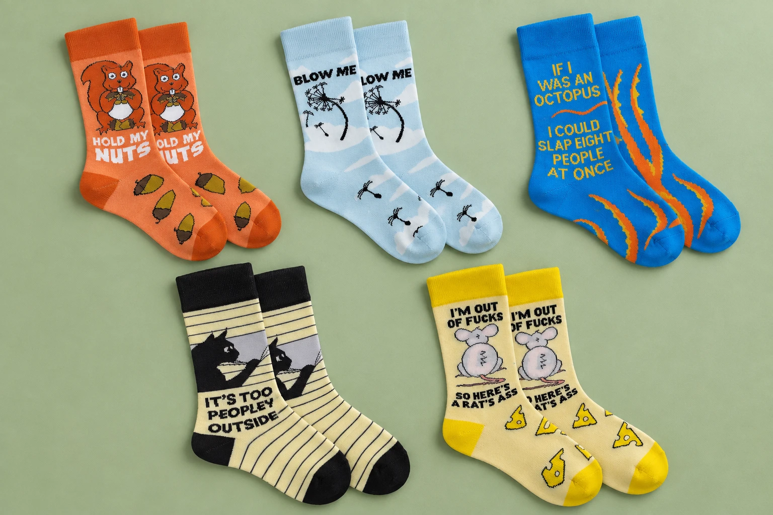 Five pairs of SockEm socks laid flat on sage green — AI-styled scene, original product photos in quick view