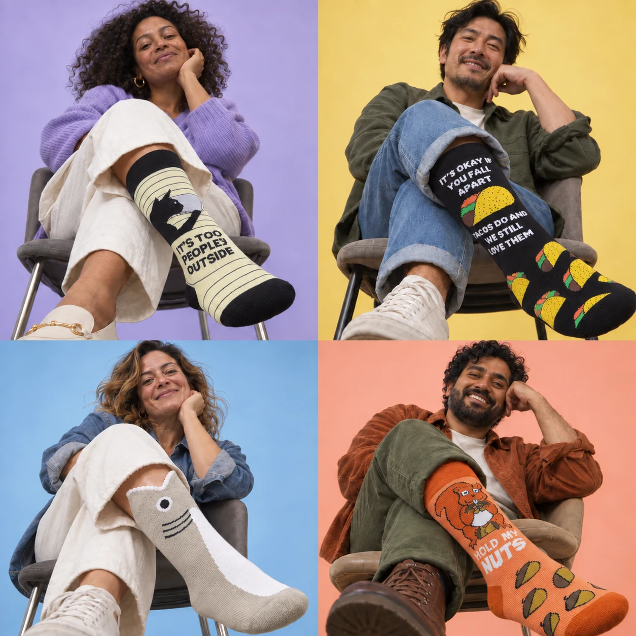 Four adults showing Too Peopley Outside, Tacos Fall Apart, Shark Eating Leg and Hold My Nuts socks in an AI-created campaign.