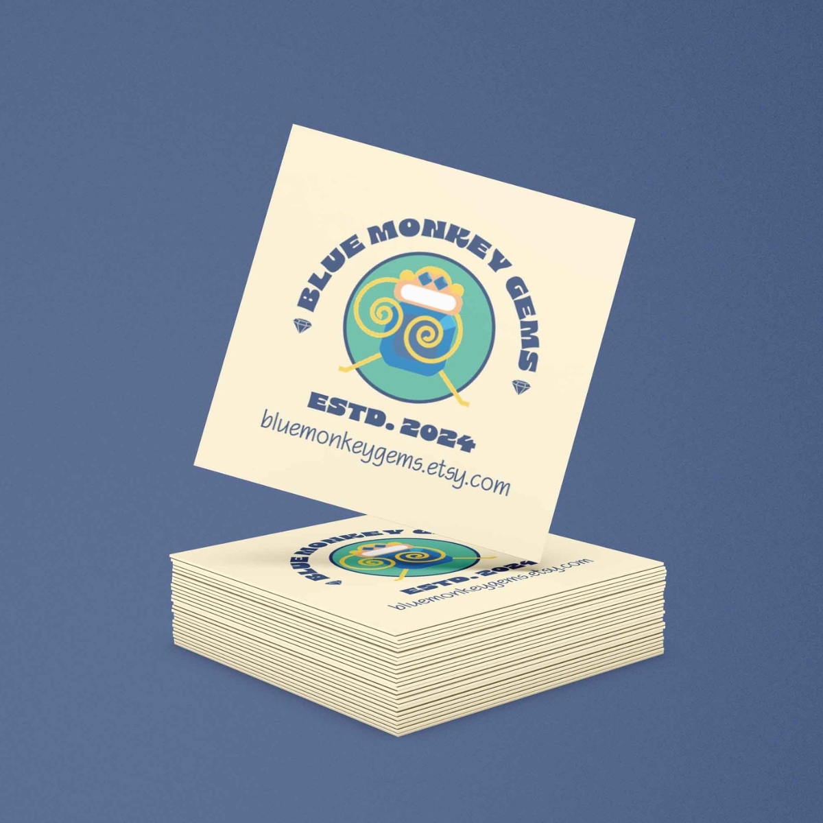 Business cards with blue background.