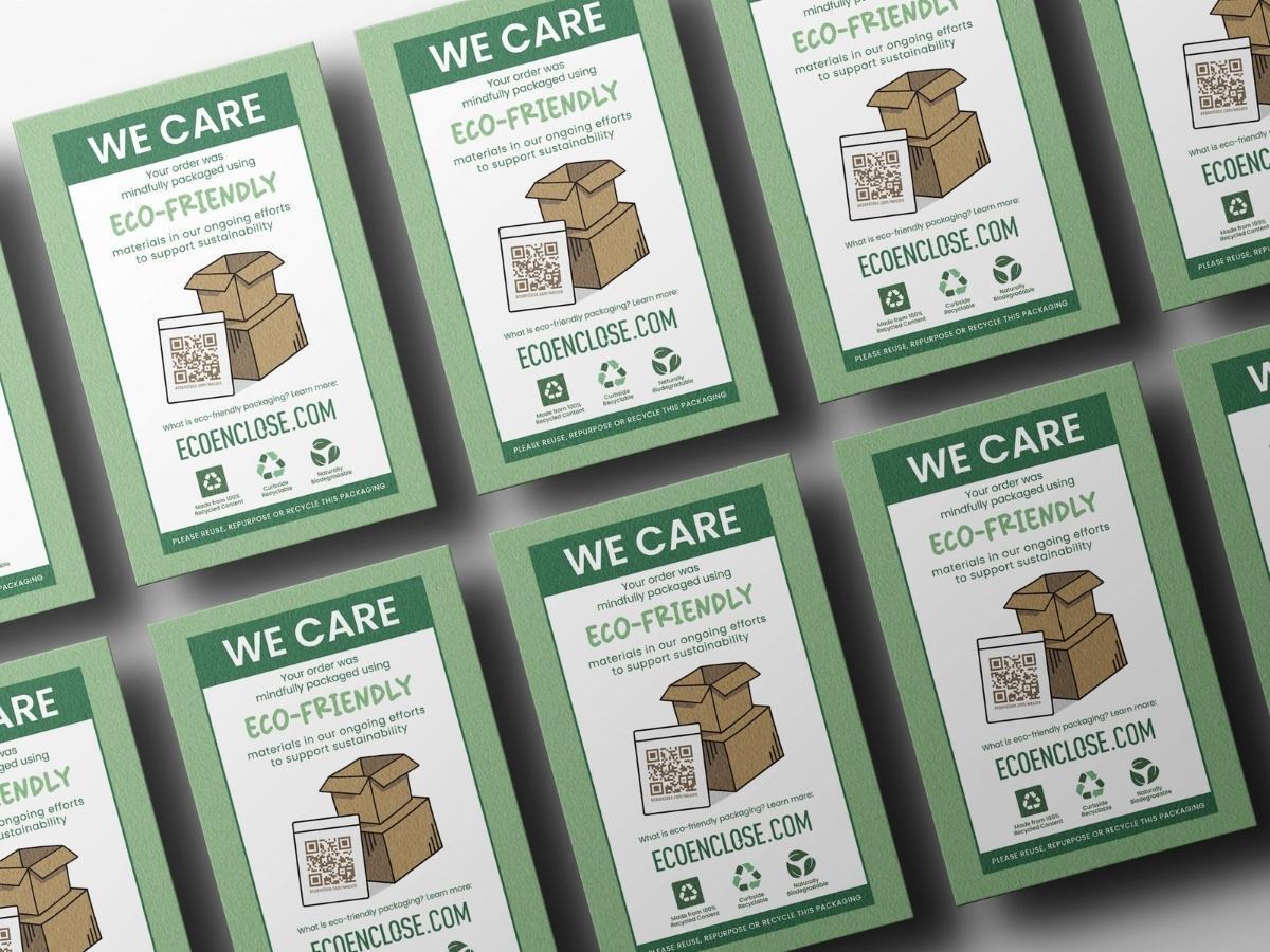 Flyers showcasing eco-friendly packaging options and commitment to sustainability.