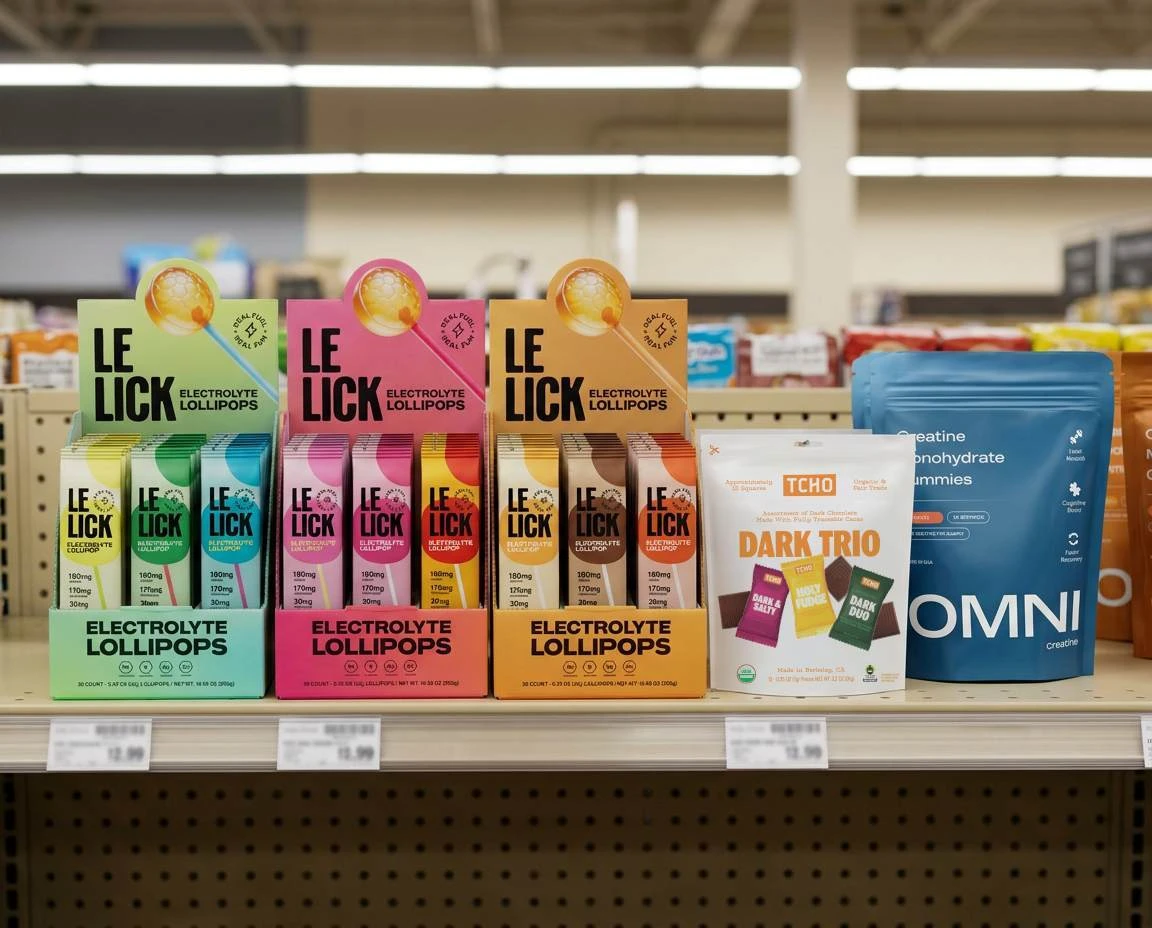 Custom retail-ready CPG packaging on a store shelf, including printed lollipop display cartons and stand-up chocolate and supplement pouches
