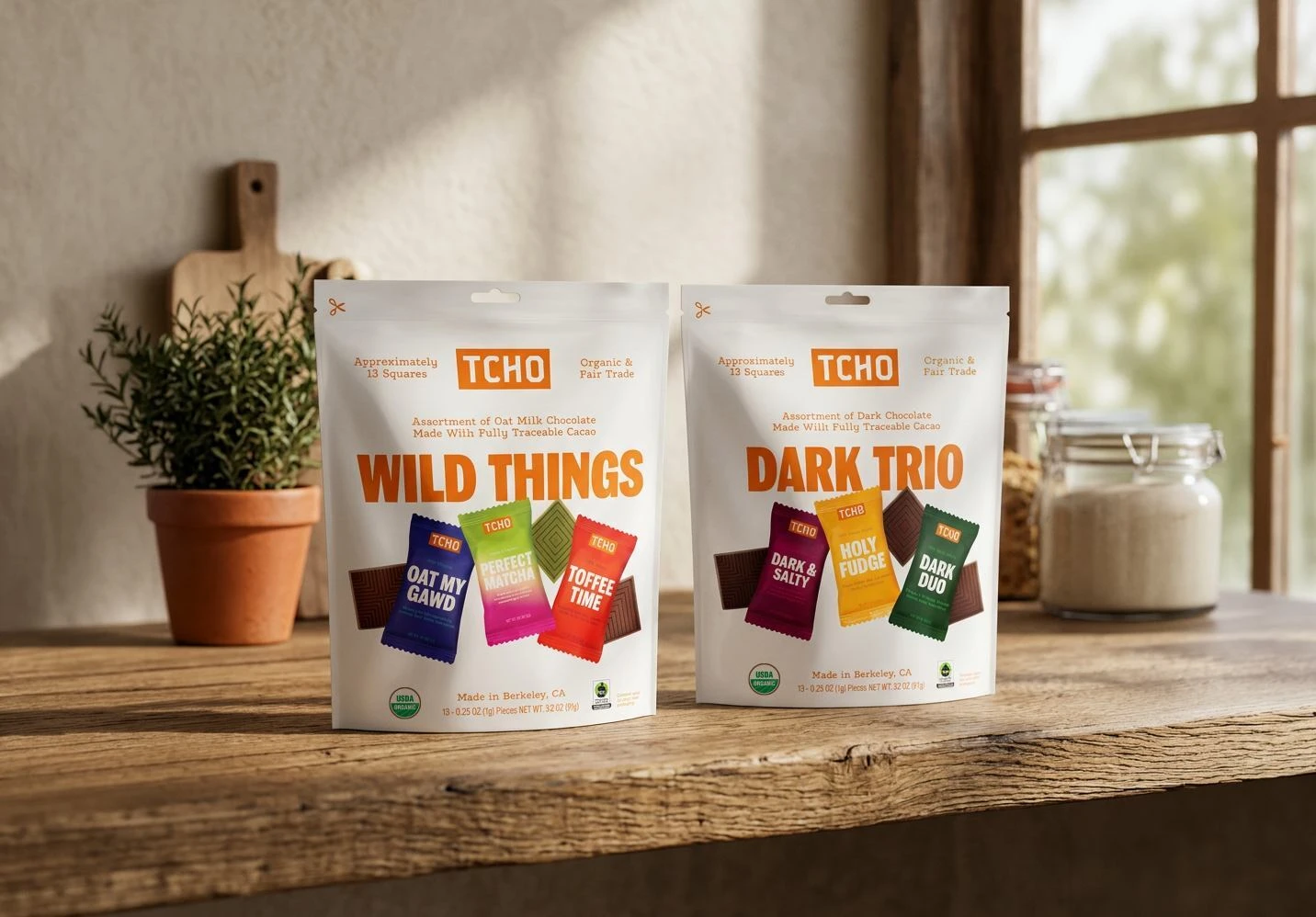 Custom printed recyclable stand-up pouches designed for TCHO chocolate