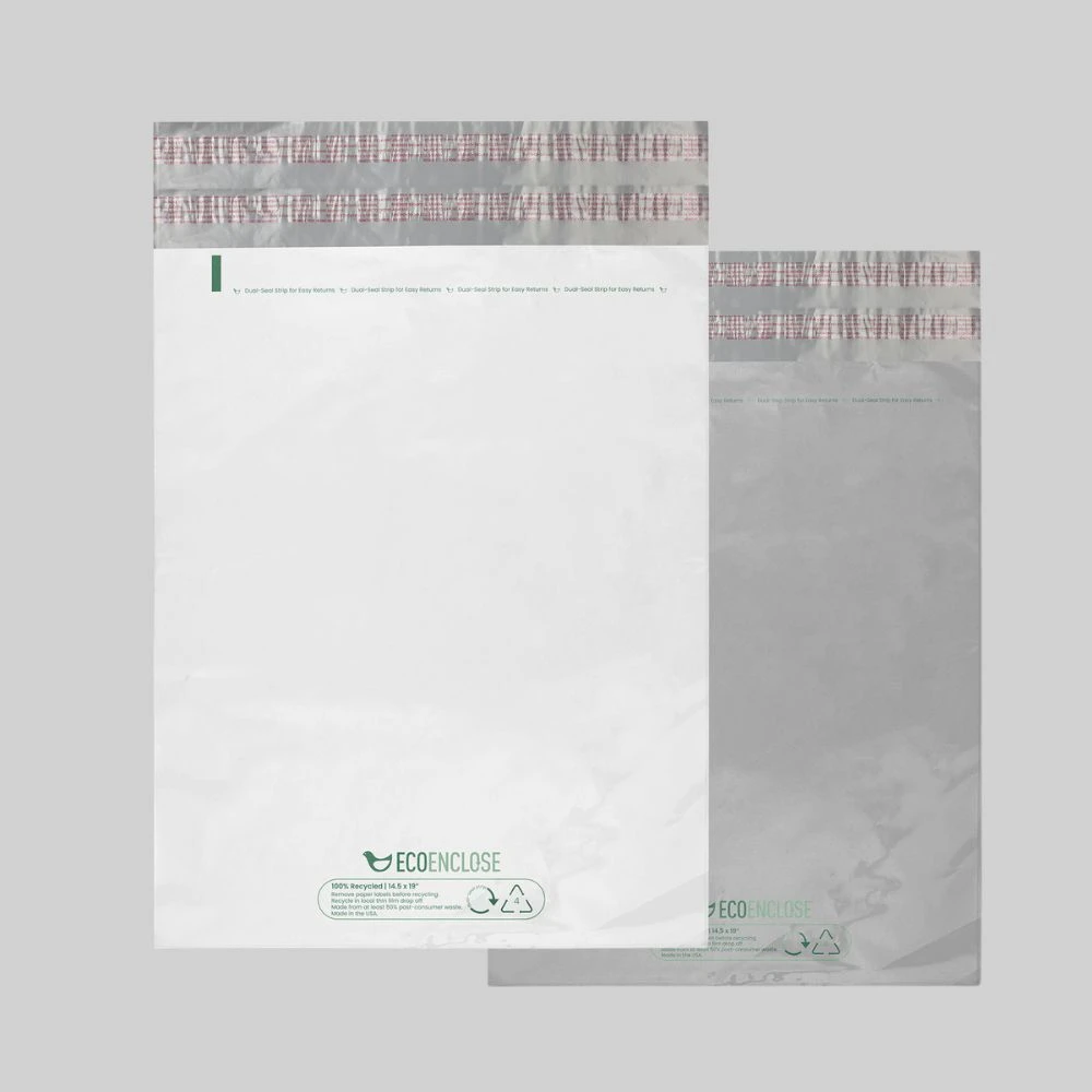 Recycled poly mailers made from post-consumer plastic, thin film recyclable, and weatherproof for sustainable shipping.