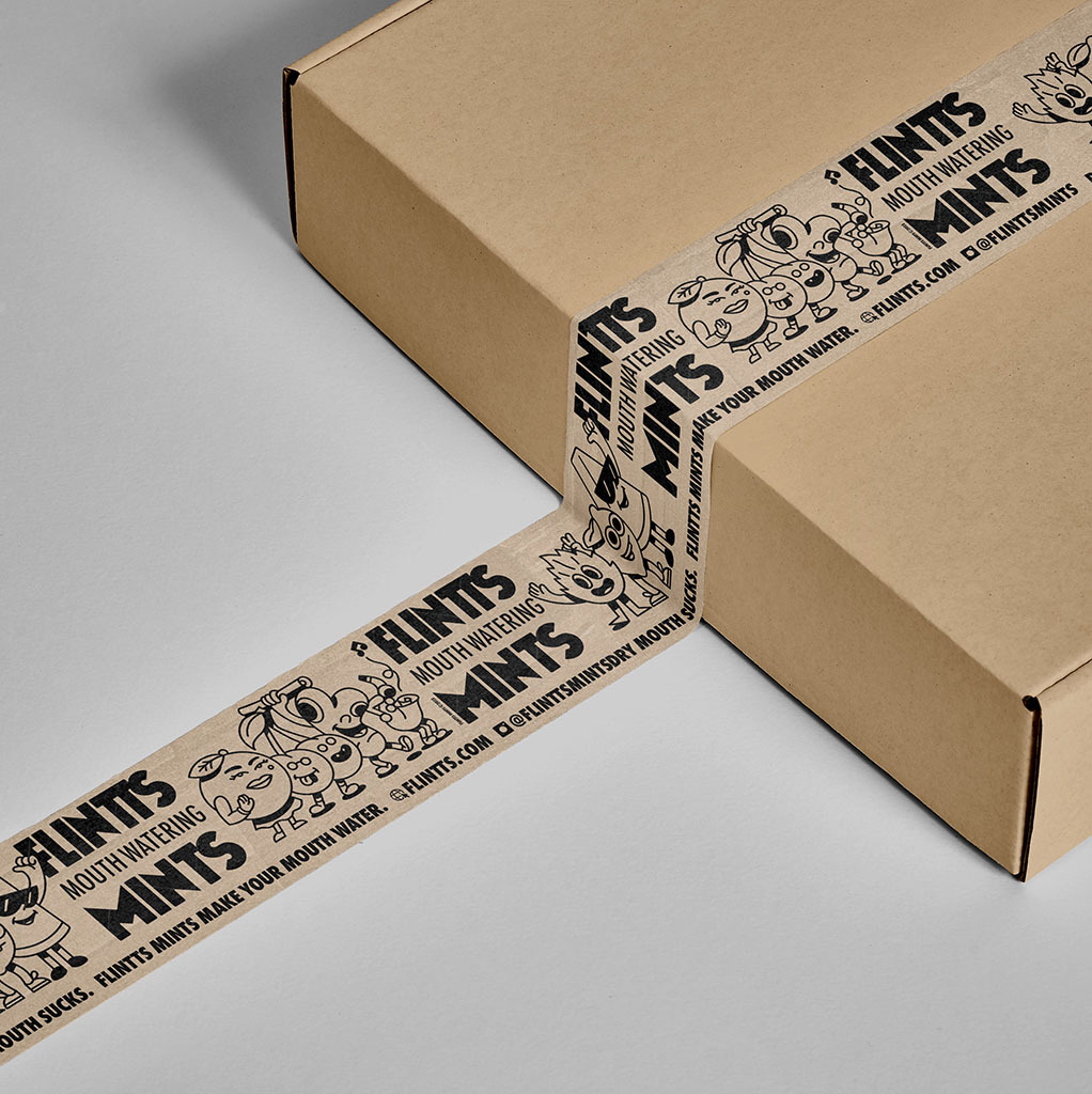 Custom packaging tape printed with a black ink design