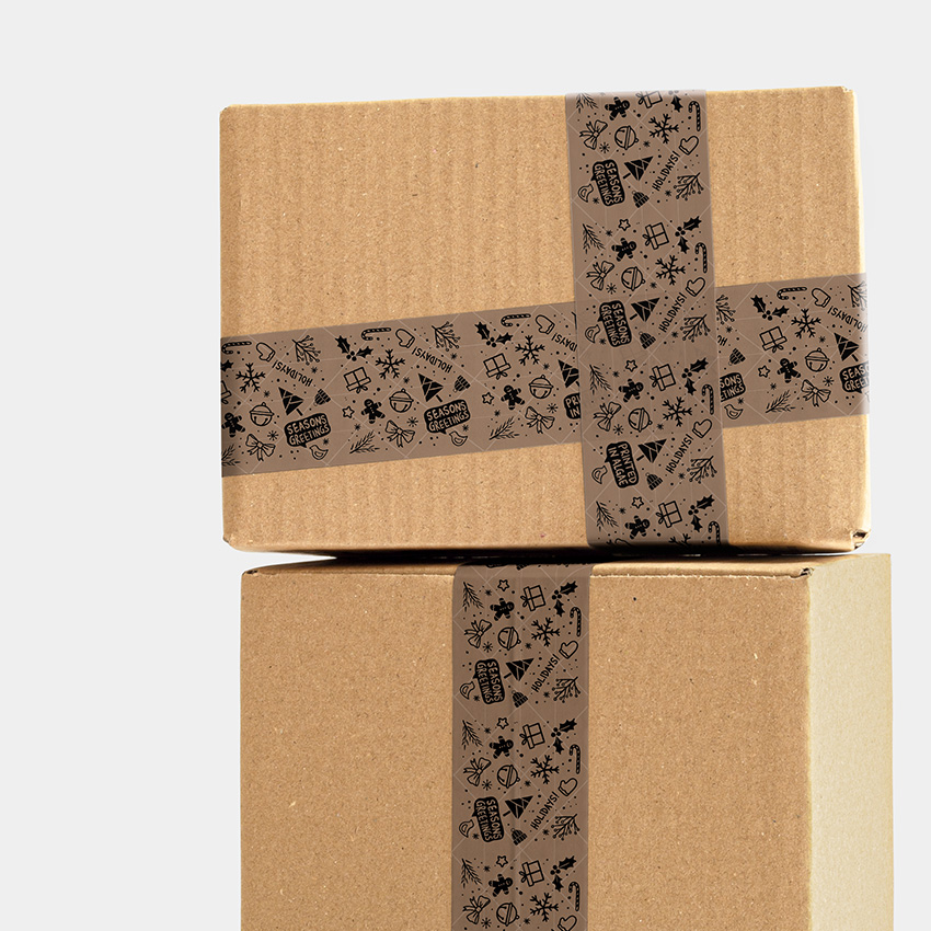 Heavy-Duty - Algae Printed Holiday Icons - Reinforced Kraft Paper Water-Activated Tape - 3" x 450 ft