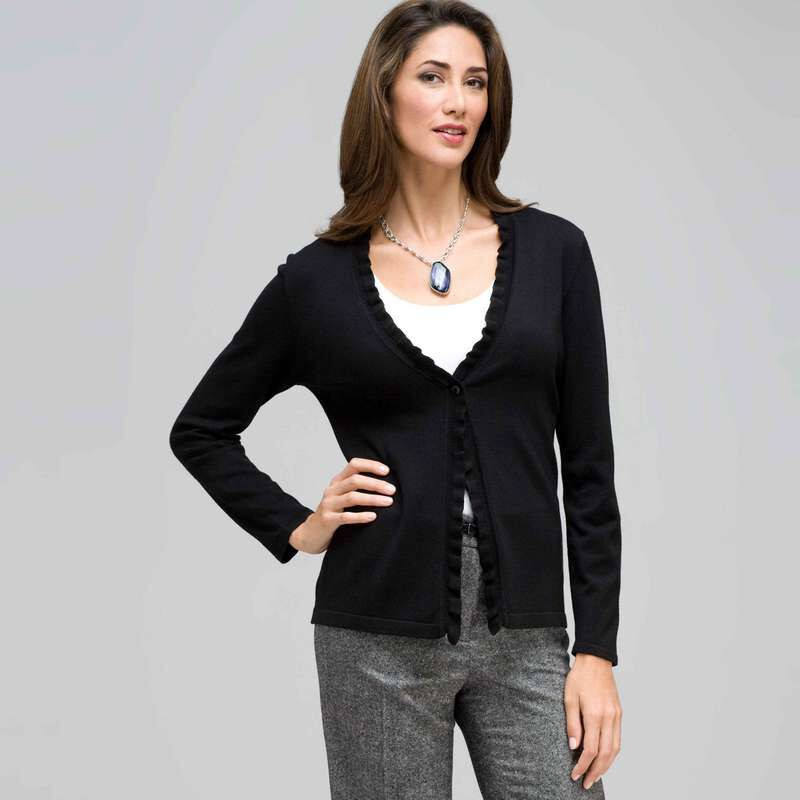 Long Sleeve Ruffle Front Trim Cardigan, Black, large