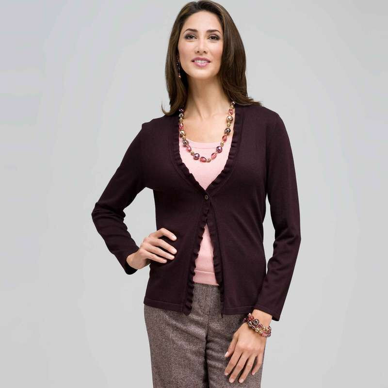 Long Sleeve Ruffle Front Trim Cardigan, Brown, large
