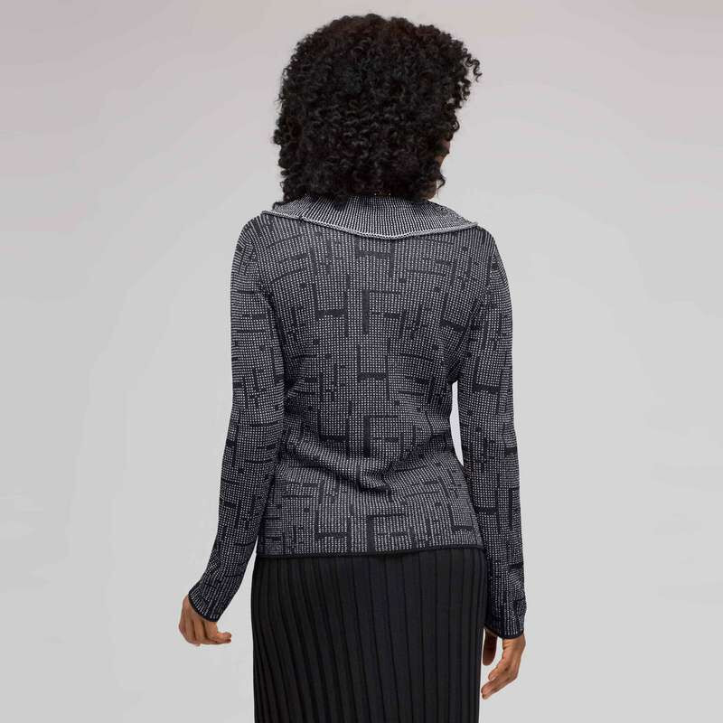 Ruffle Front Cardigan, Black & White, large