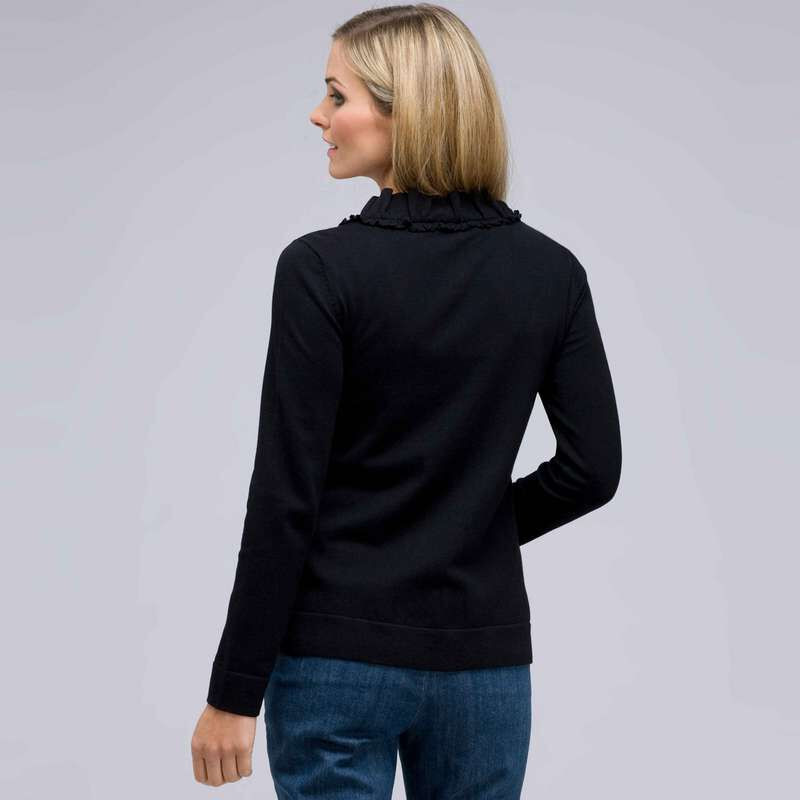 Long Sleeve Ruffle Front Cardigan, Black, large