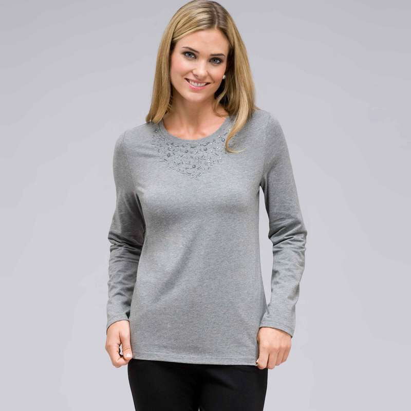 Long Sleeve Appliqued Crew Neck, Grey Heather, large