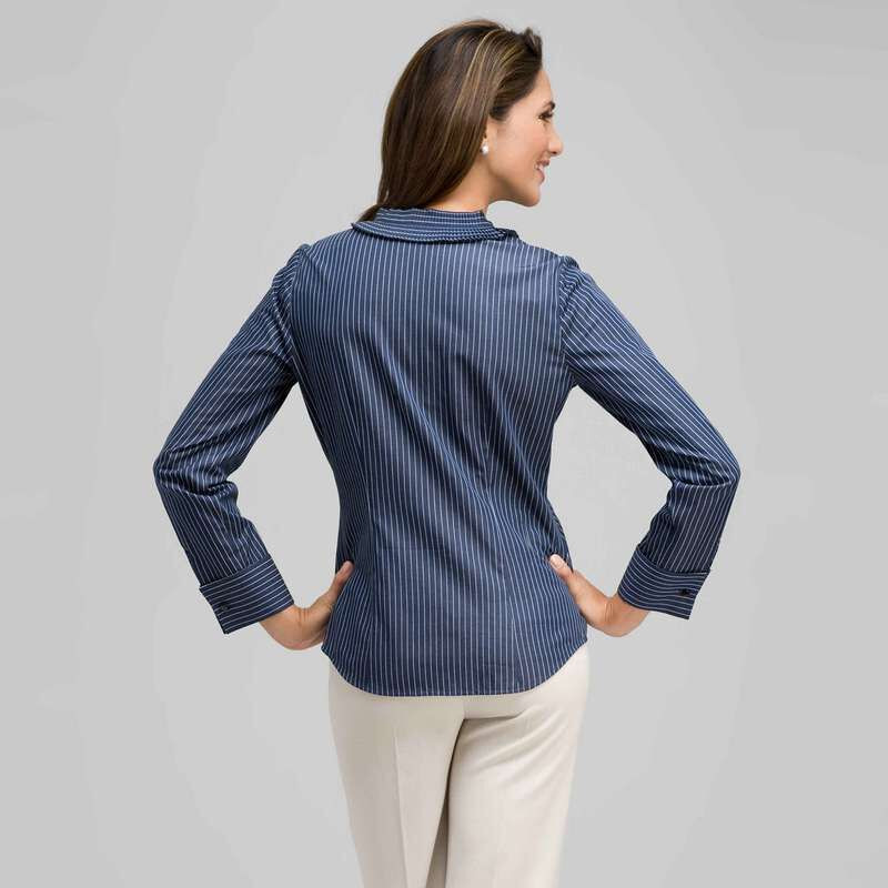 Striped Pleated Ruffle Front Shirt, Admiral Navy & White, large